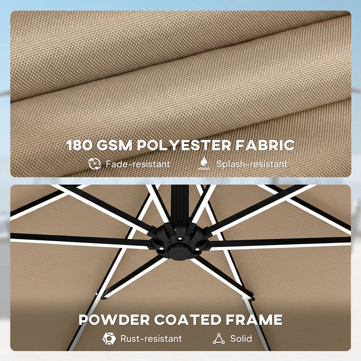 Outsunny 3 m Garden Cantilever Parasol with LED Solar Light, Round Overhanging Umbrella with 360Â° Rotation, Cover, Khaki