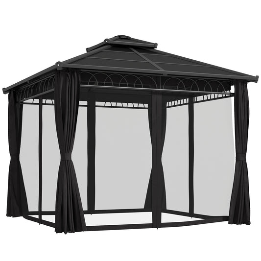Outsunny 3 x 3 (m) Outdoor Polycarbonate Gazebo, DoubleÂ Roof Hard Top Gazebo withÂ Galvanised Steel Frame, NettingsÂ &Â Curtains for Garden, Lawn, Patio and Deck, Dark Grey