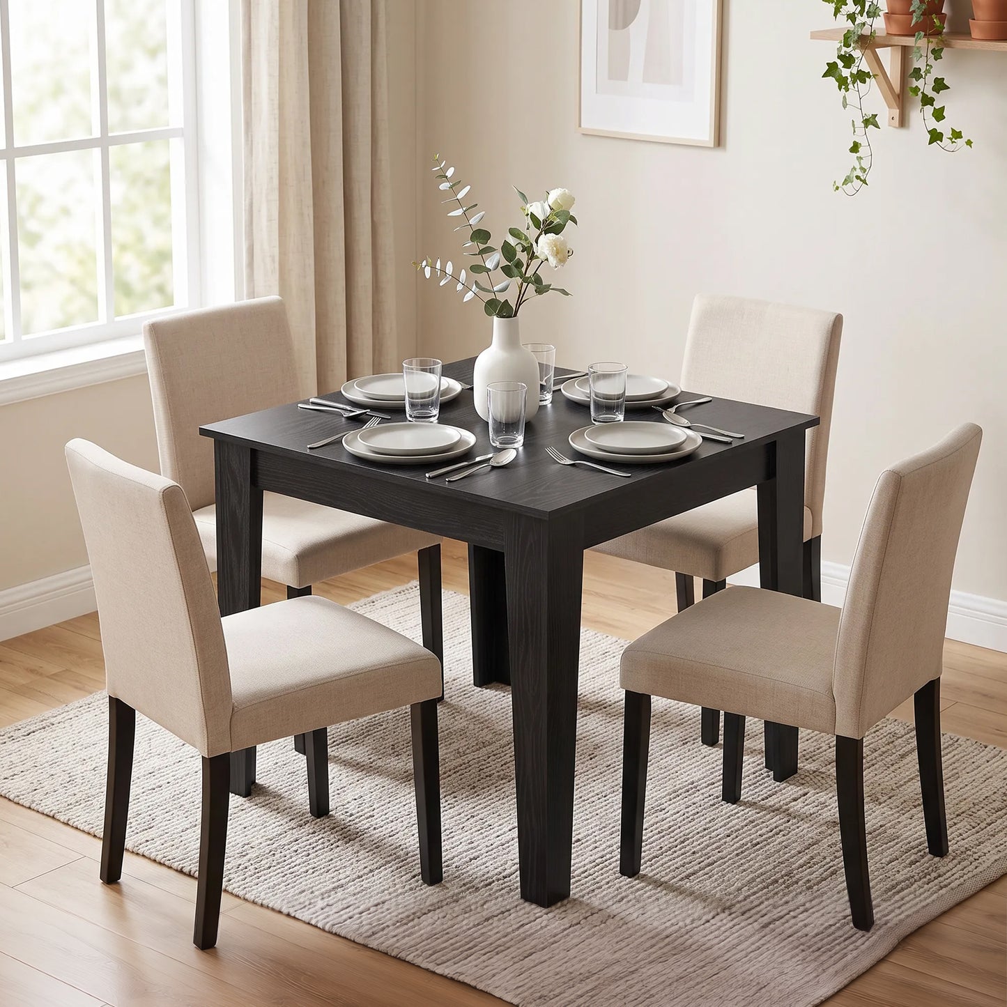 HOMCOM Dining Table for 4, 80L x 80W x 75Hcm, Modern Square Kitchen Table with Wood Effect Tabletop, Black Wood Effect