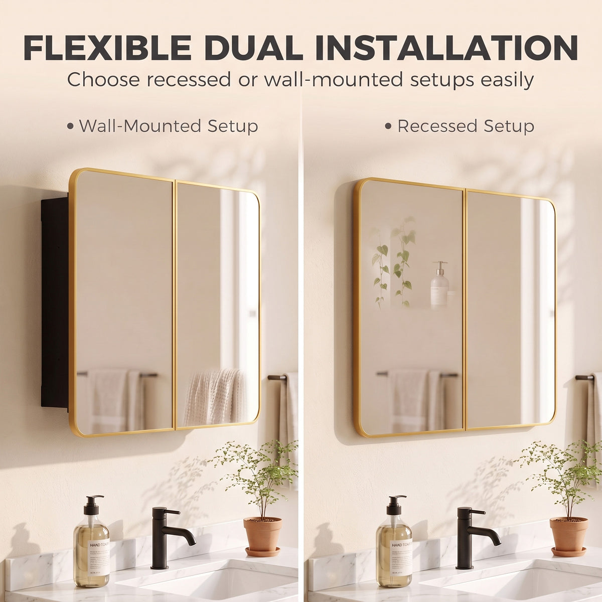 HOMCOM 76.2 x 11.6 x 61 cm Bathroom Mirror Cabinet, Wall Cabinet with Adjustable Shelves, Wall-Mounted or Recessed, Gold Tone
