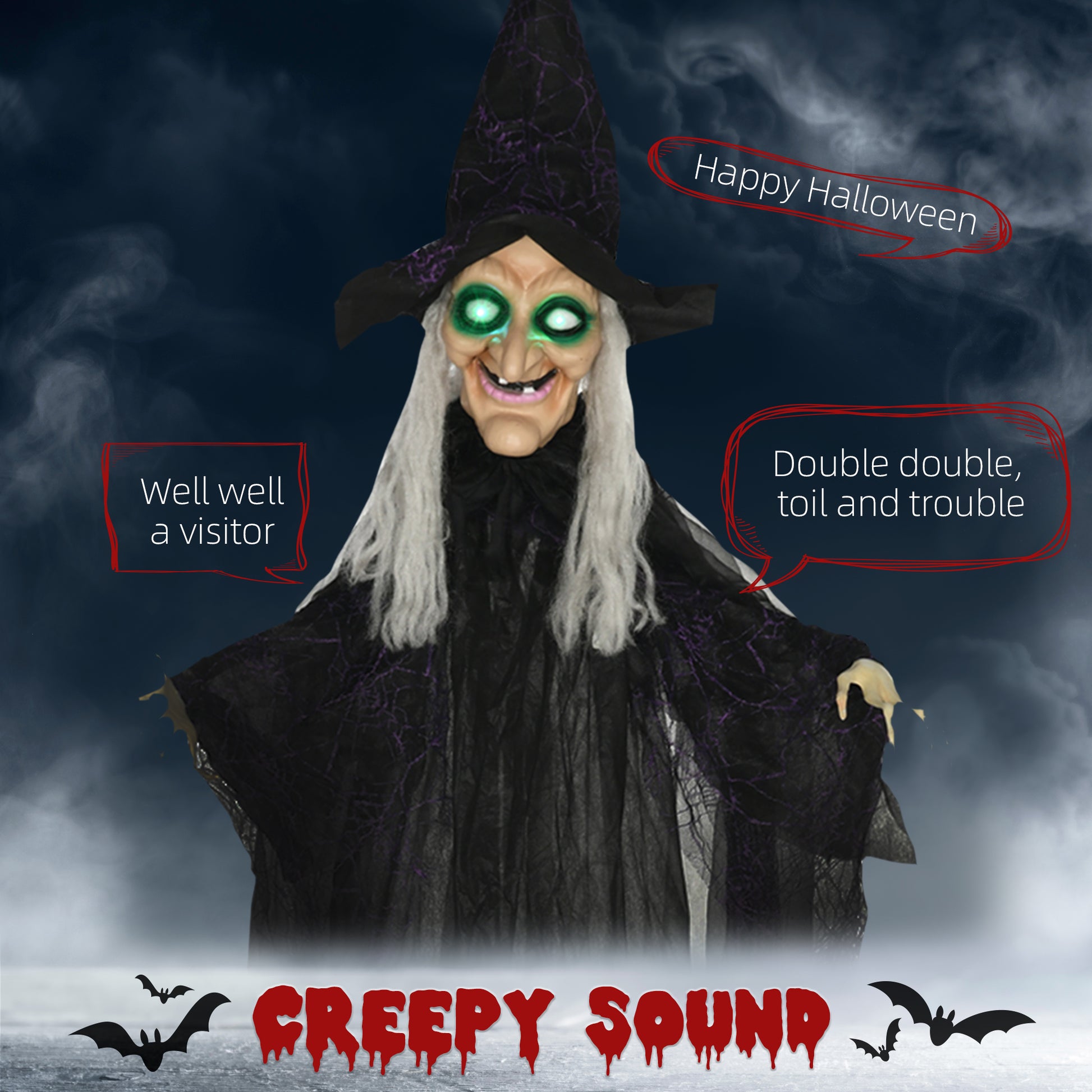 HOMCOM 6ft Outdoor Halloween Decoration Witch, Hanging Witch Prop Life Size with Sound and Motion Activated, Light Up Eyes, Talking Sound, Posable Arms