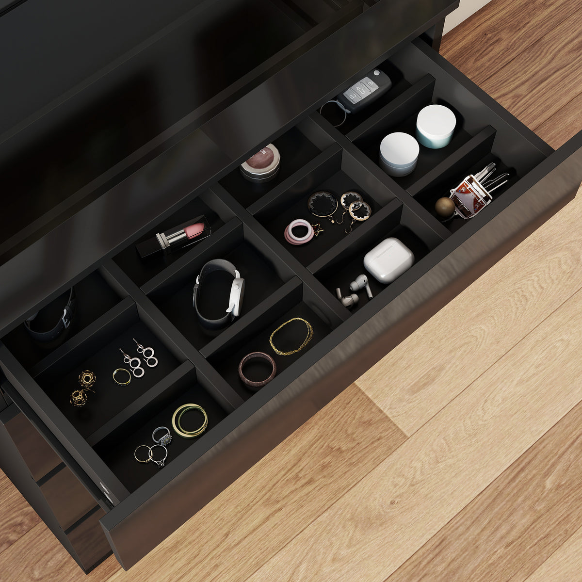 HOMCOM High Gloss 4 Drawer Chest of Drawers with Glass Top and RGB LED Lights, Dresser w/ Jewelry Organizer, APP Control, Black