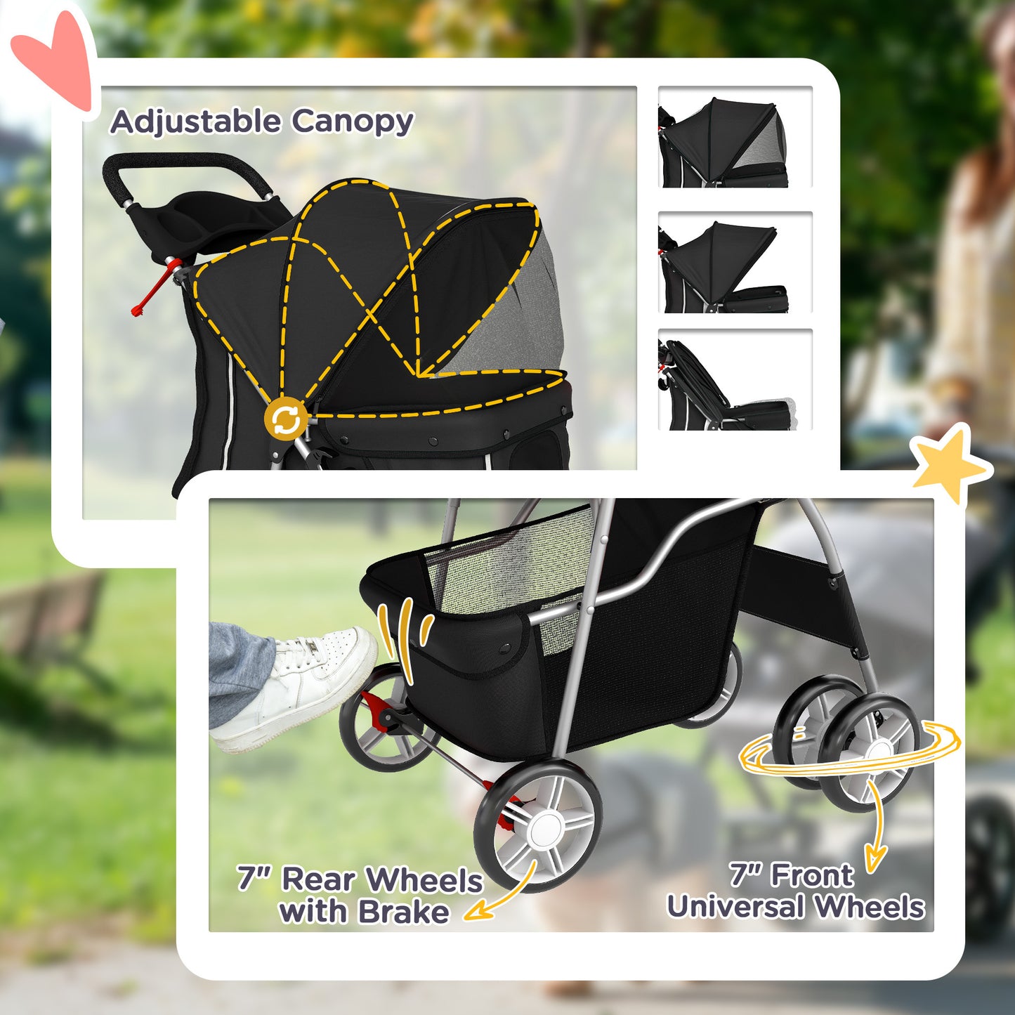 PawHut Dog Pram, Pet Stroller with Reflective Strips, Foldable Cat Stroller with 360Â° Swivel Wheels, Black