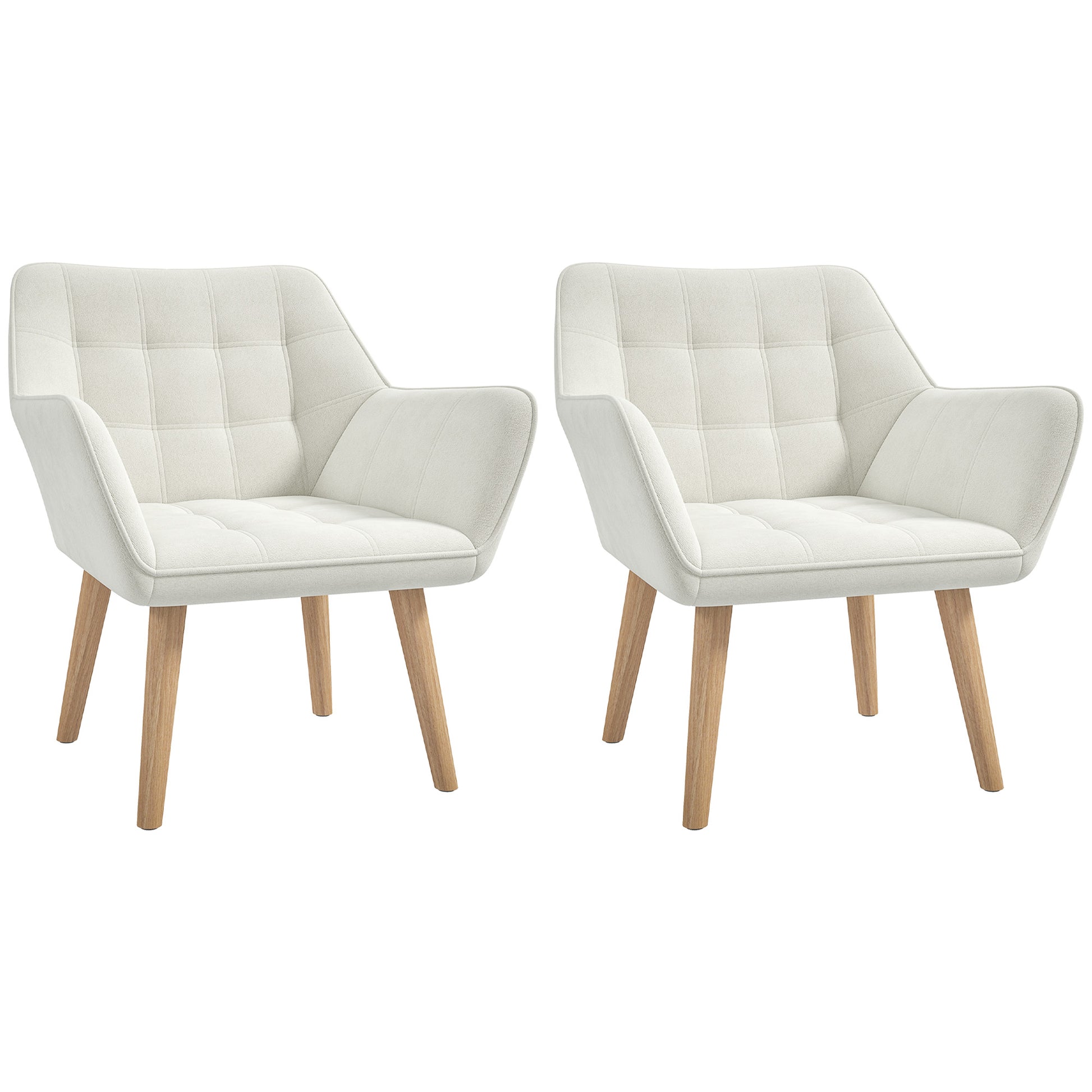 Set of 2 Accent Chair, Arm Chair with Slanted Back, Thick Padding and Rubber Wooden Legs for Living Room, Cream White
