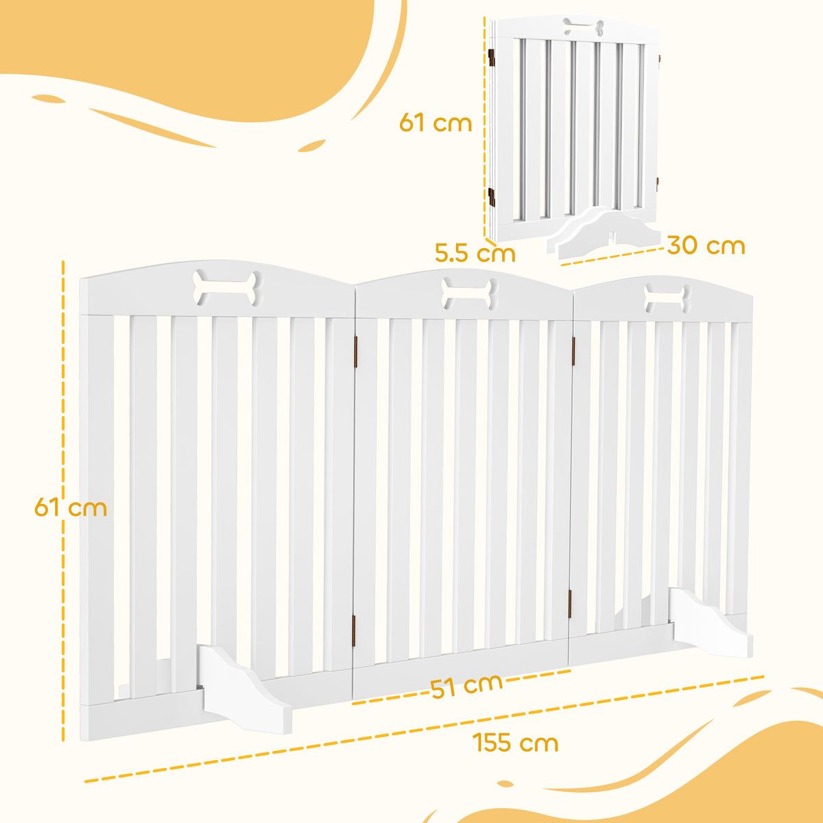 PawHut Wooden Dog Gate, Freestanding Pet Gate with Support Feet for Doorways, Hallways, Stairs, 155L x 61H cm, White