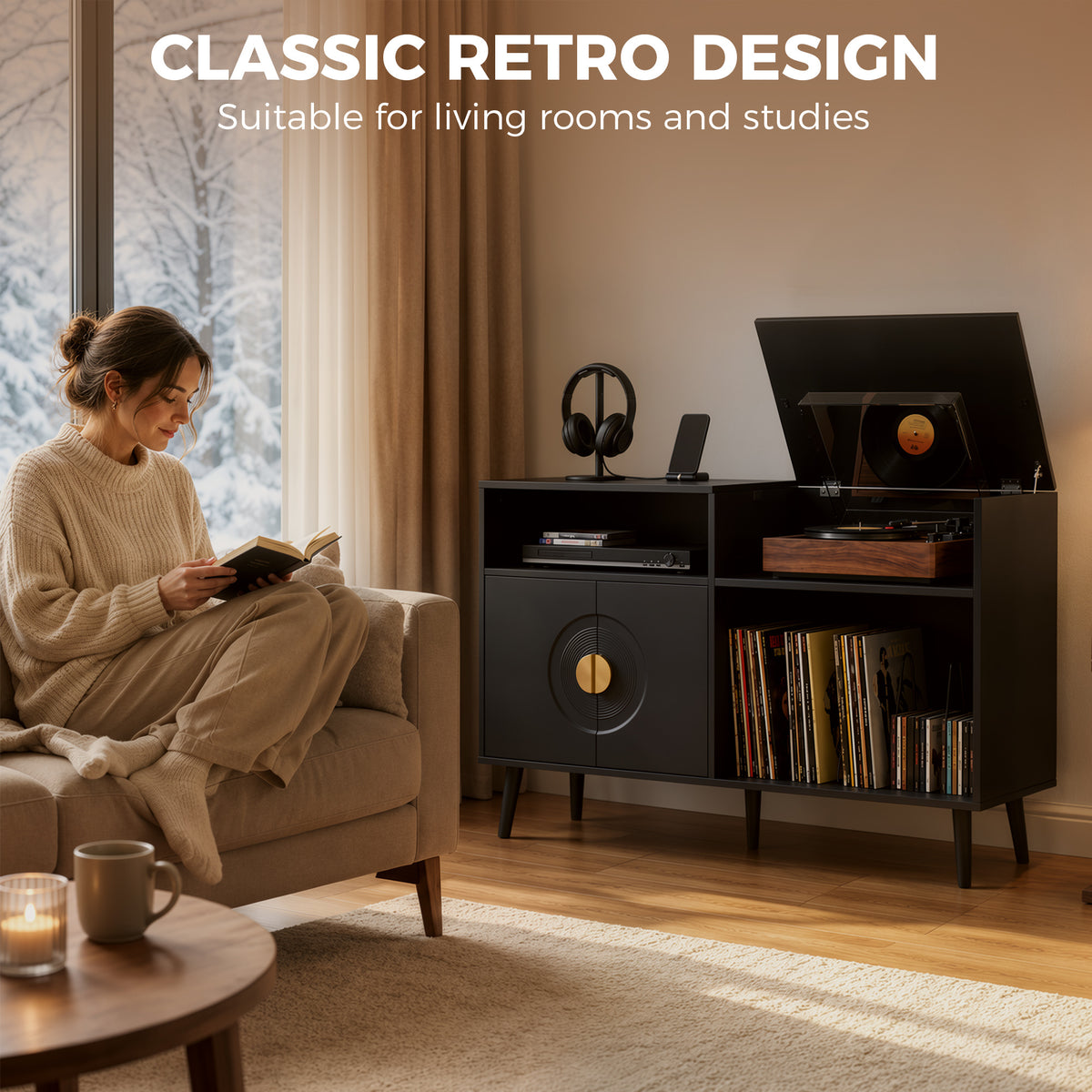 HOMCOM Record Player Stand, Vinyl Record Holder with Storage Holds Up to 300 Albums with Flip-Top Compartment, Black