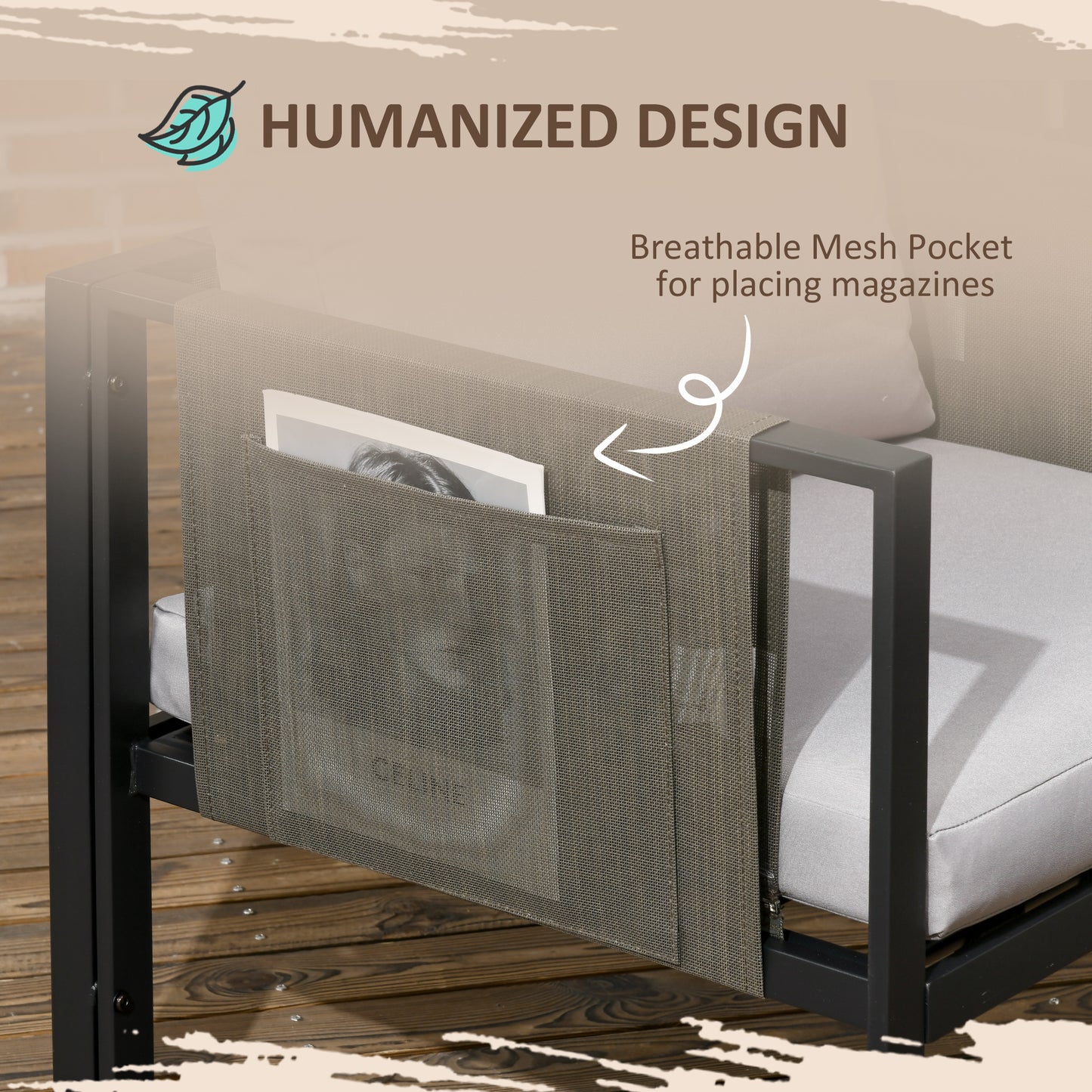 Outsunny 4 Piece Metal Garden Furniture Set with Tempered Glass Coffee Table, Texteline Pocket, Outdoor Set Loveseat Single Armchairs with Padded Cushions, Light Grey