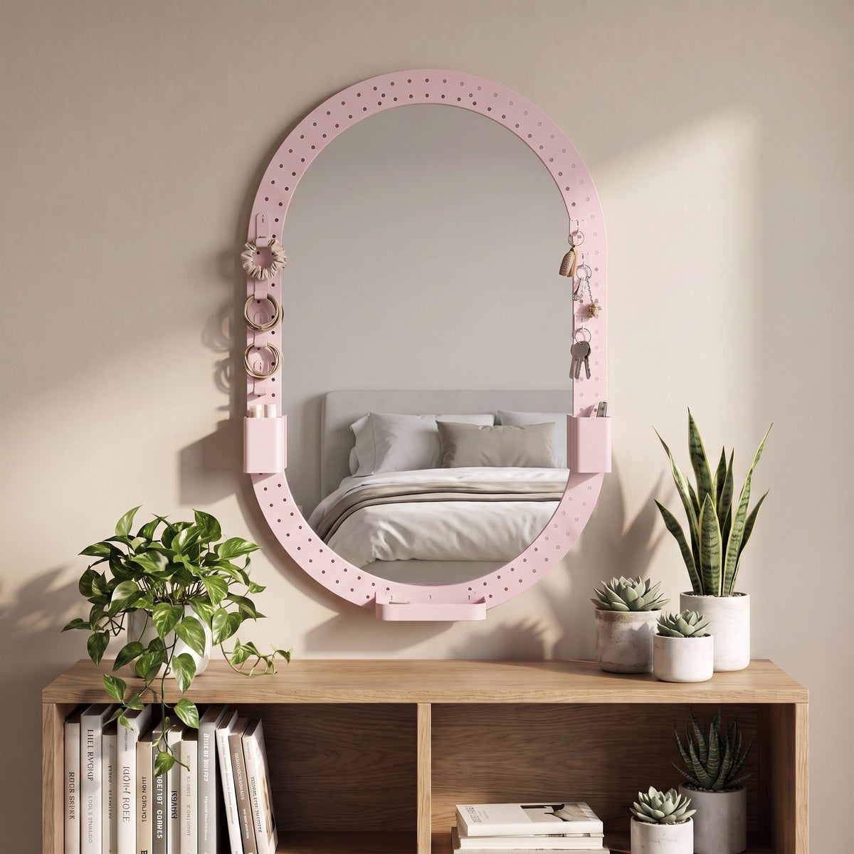 HOMCOM Oval Wall Mirror, 60 x 90 cm Decorative Hanging Mirror with Pegboard Frame, Wall-Mounted, Pink