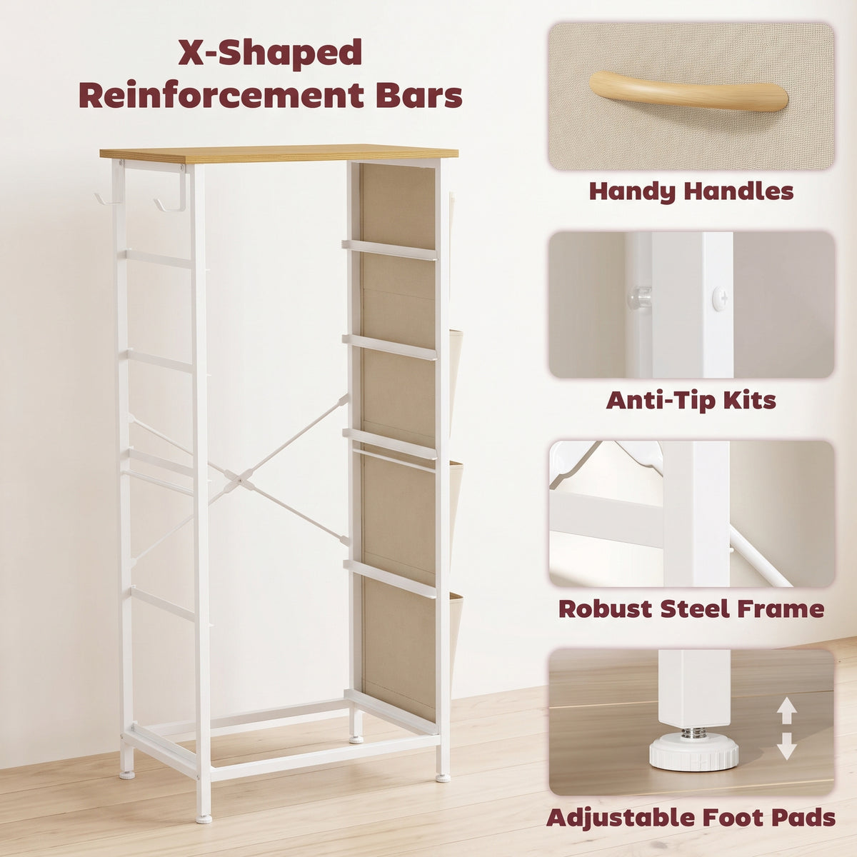 HOMCOM Chest of Drawers, Dresser with 5 Fabric Drawers, Tall Storage Unit with 4 Pockets and 2 Hooks Steel Frame, Beige