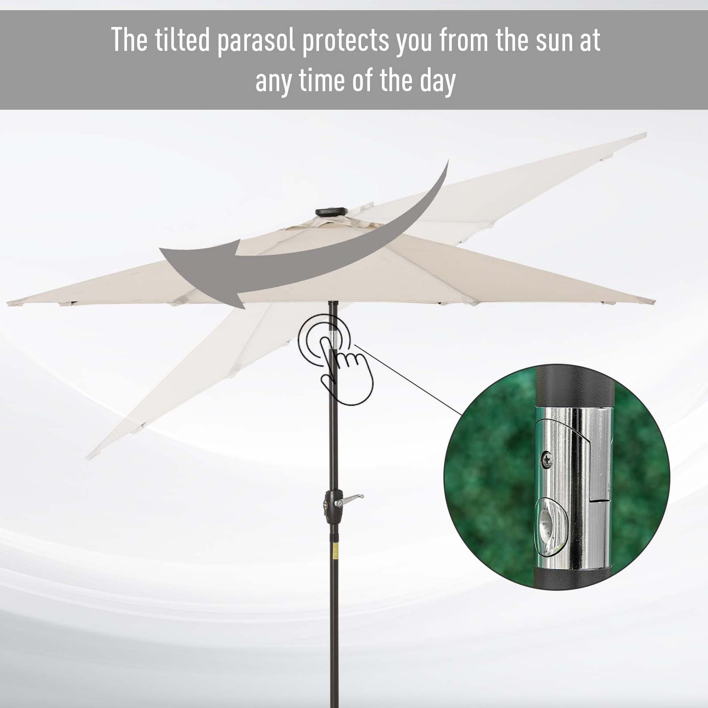 Outsunny Î¦2.7m Garden 24 LED Light Parasol Solar Outdoor Tilt Sun Umbrella Patio Club Party Event Manual Sun Shade w/ Hand Crank and 8 Ribs, Off-white