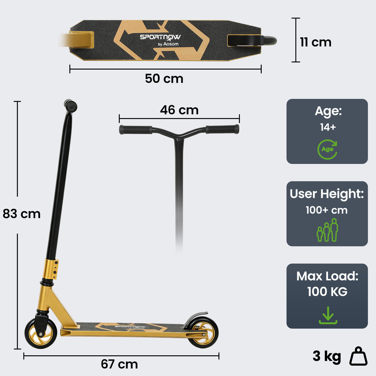 SPORTNOW Stunt Scooter, Pro Scooter for Adult Teens with 360Â° Handlebar, 110 mm PU Wheels, Aluminium Deck, ABEC-7, Gold Tone