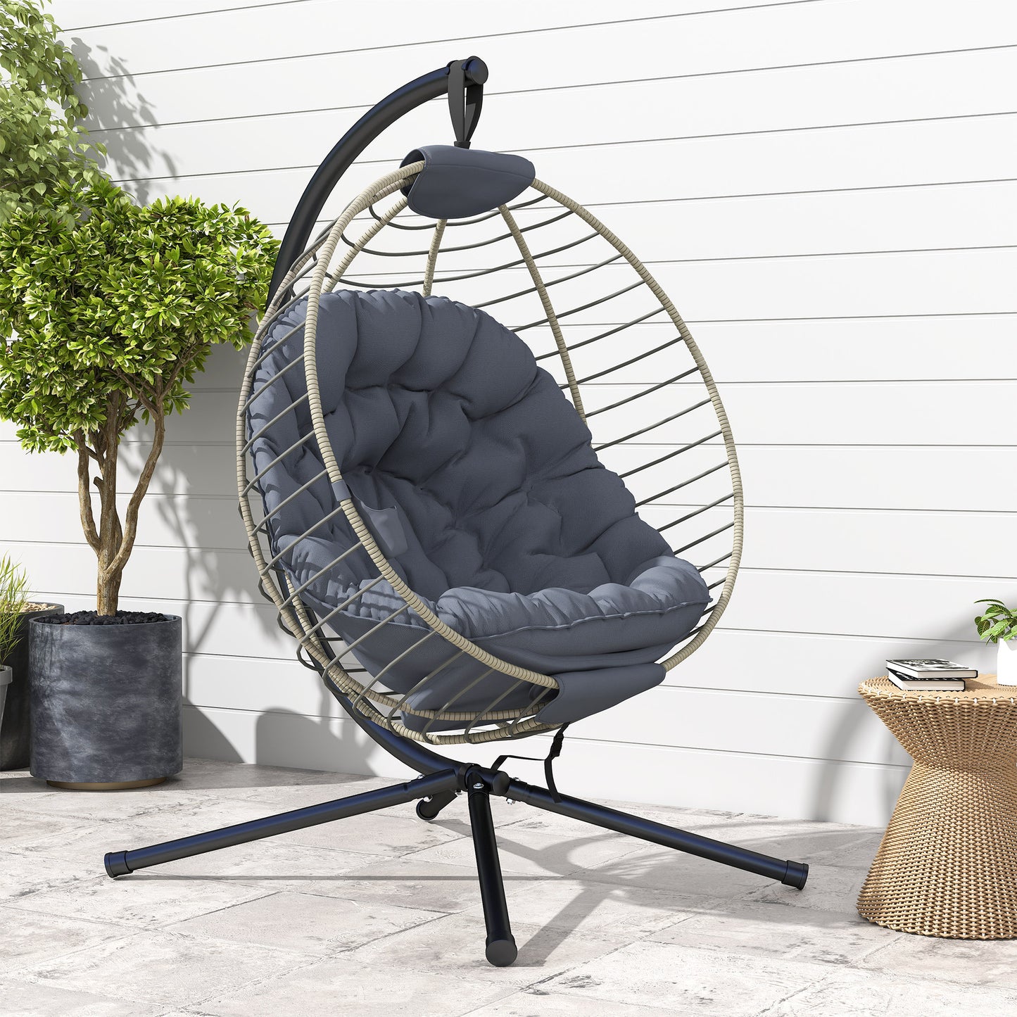 Outsunny PE Rattan Swing Chair, Outdoor Hanging Chair with Metal Stand, Thick Padded Cushion, Foldable Basket and Cup Holder, for Indoor and Outdoor, Grey