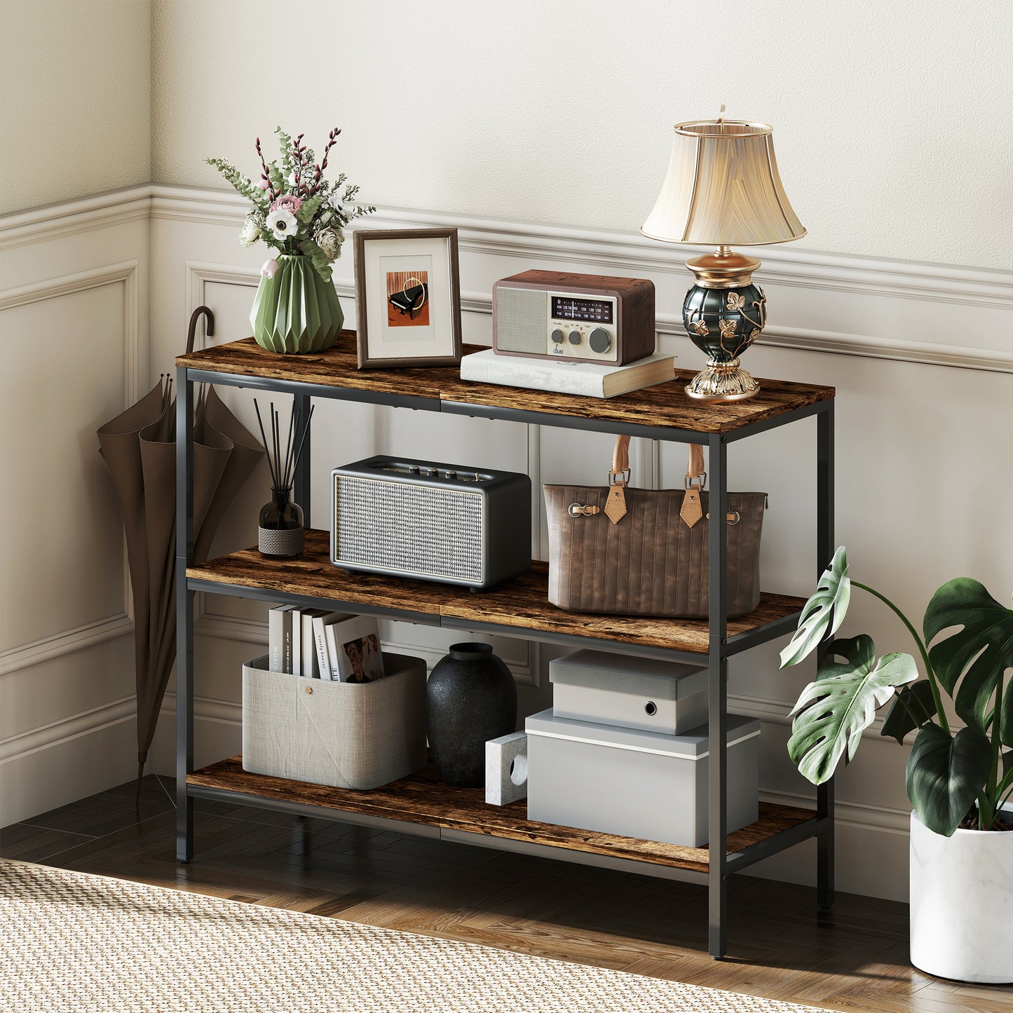 HOMCOM 3-Tier Console Table with Storage Shelves - Rustic Brown