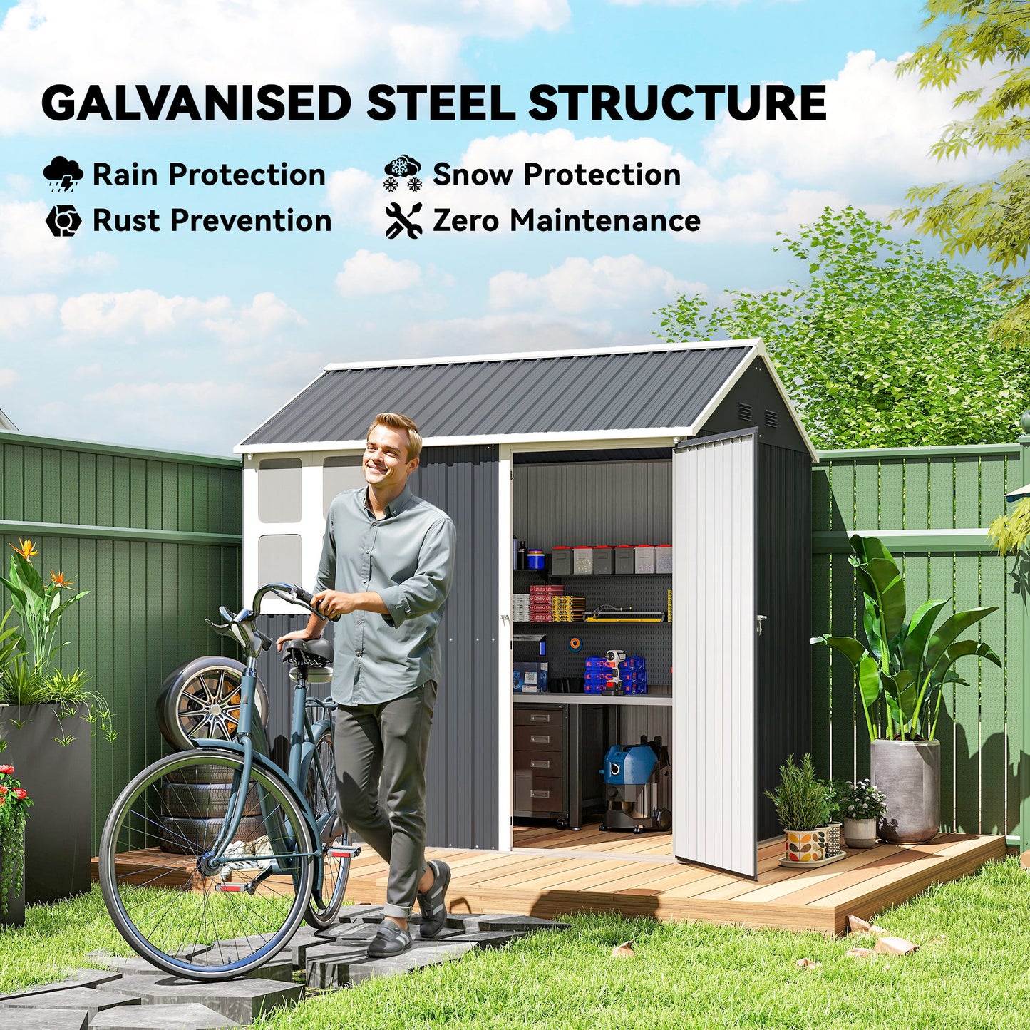 Outsunny 7 x 6ft Galvanised Garden Shed, with Latch - Dark Grey