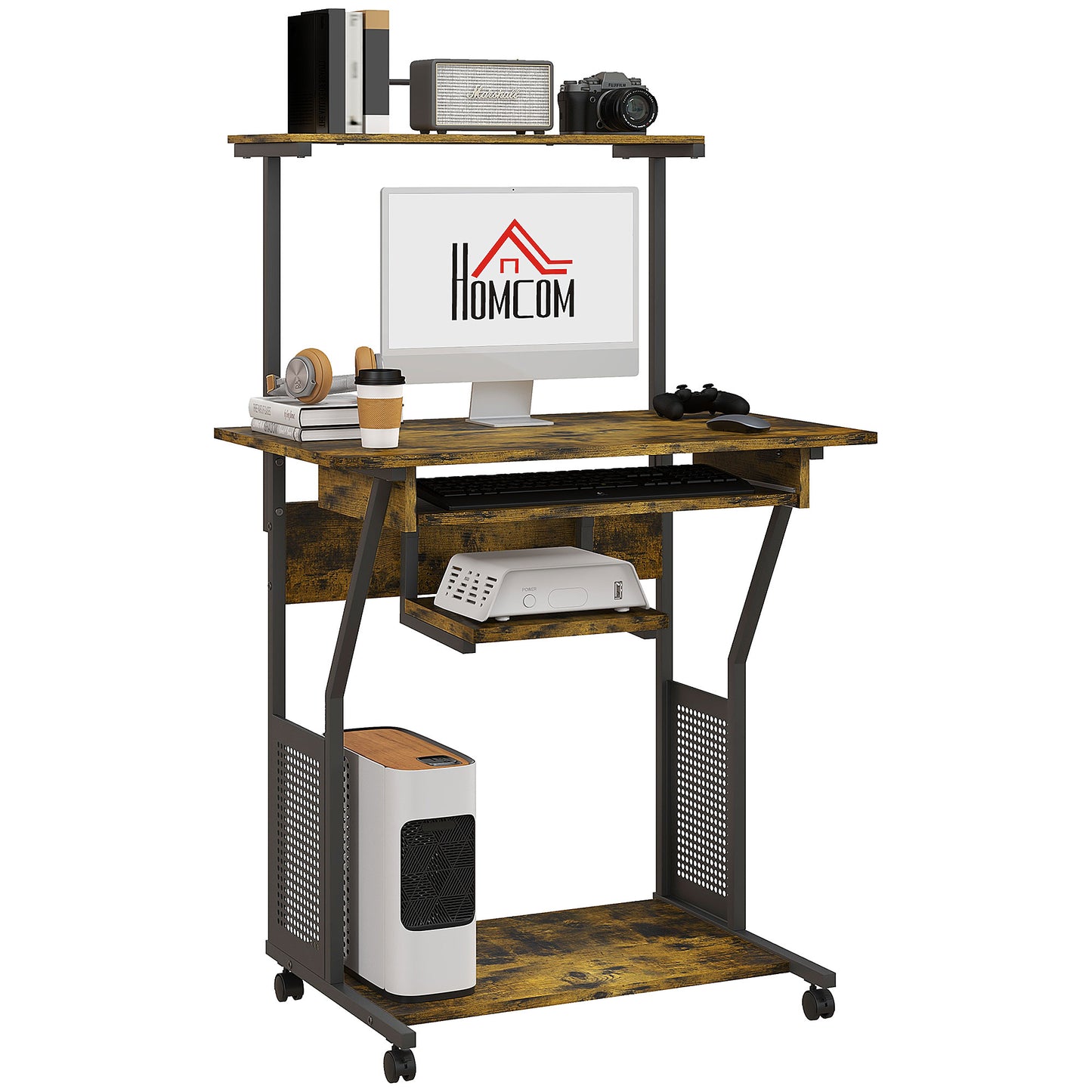 HOMCOM Multi-Storage Work Desk, with Sliding Keyboard Tray - Brown/Black Default Title
