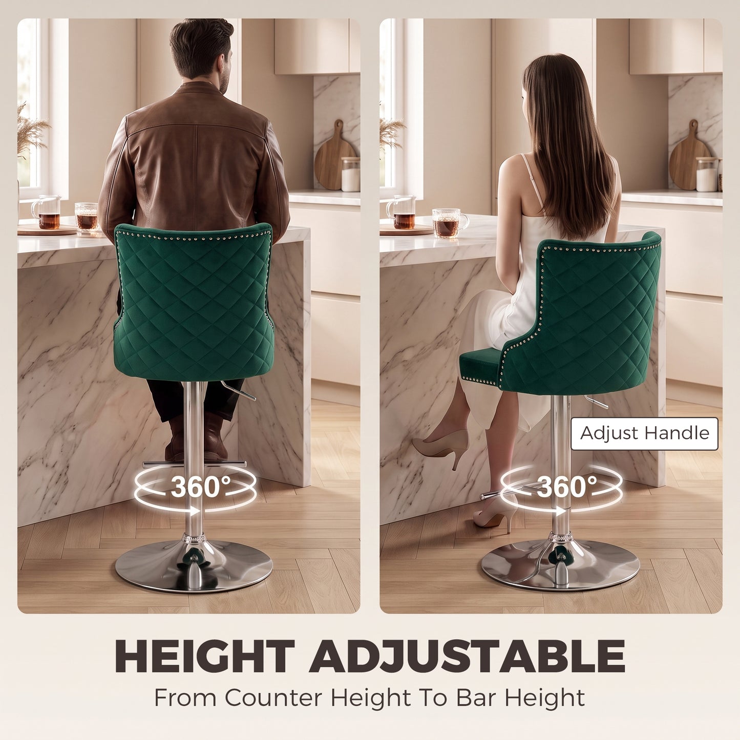 HOMCOM Bar Stools Set of 2, Modern Swivel & Adjustable Velvet Barstools with Button-Tufted Back, Footrest for Home Bar, Green