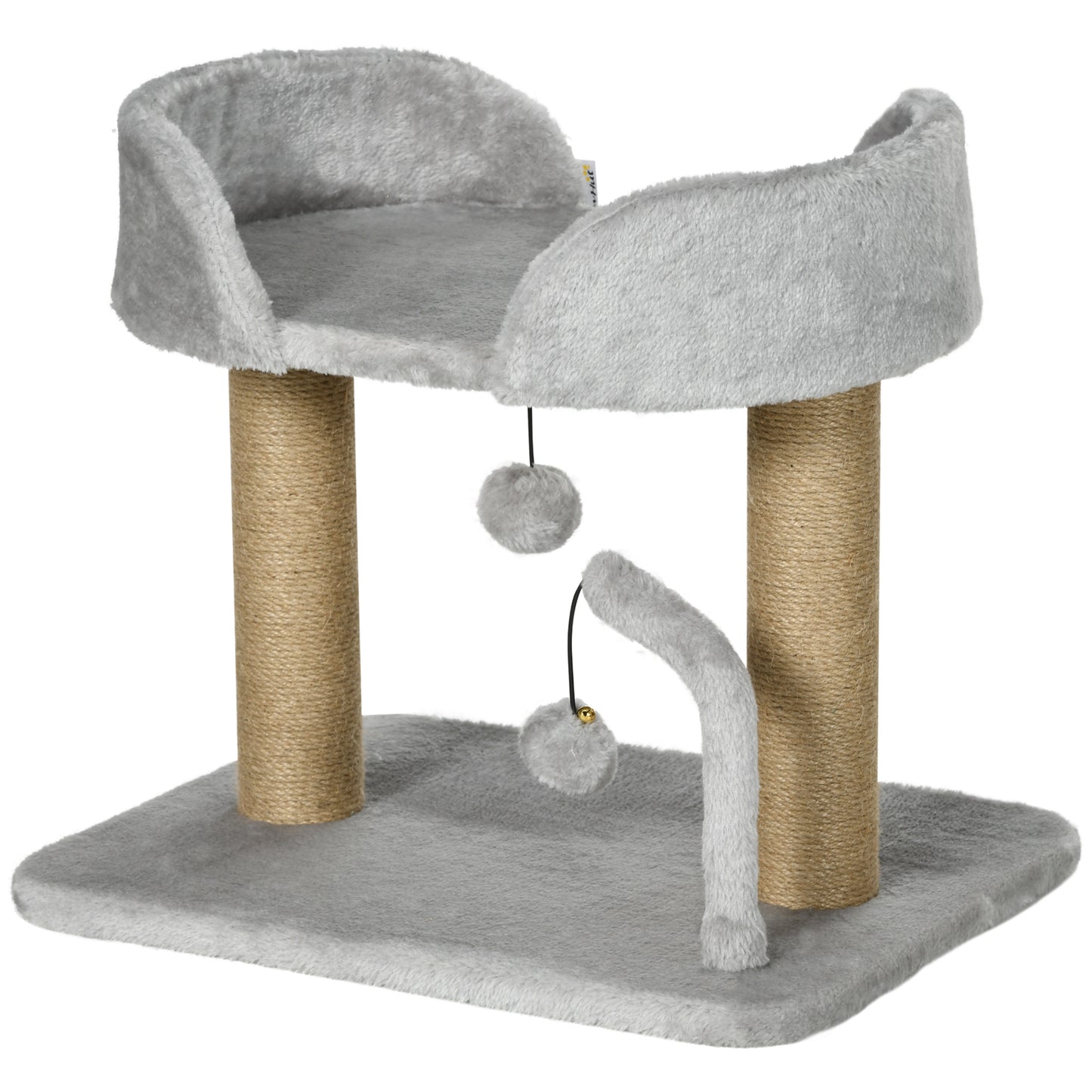 PawHut Designer cat tree scratching post with 2 hanging pom-pom toys 2 jute posts plush jute platform 48 x 38 x 42 cm gray