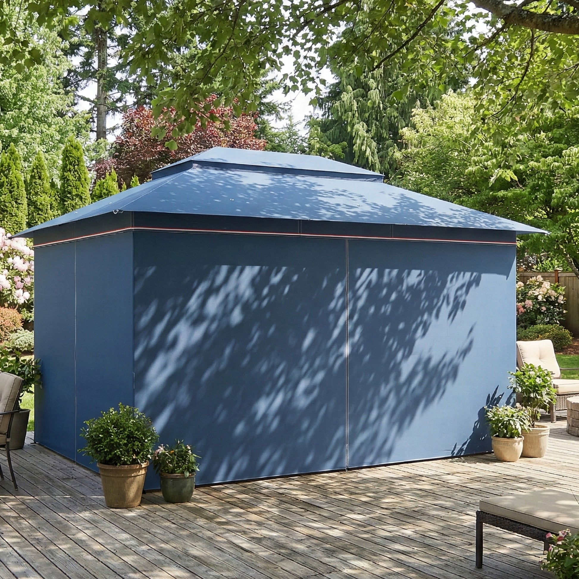 Outsunny 3 x 4 m Outdoor Garden Gazebo with Netting and Curtains, UPF50+ Patio Gazebo Permanent Pavilion Canopy, Dark Blue
