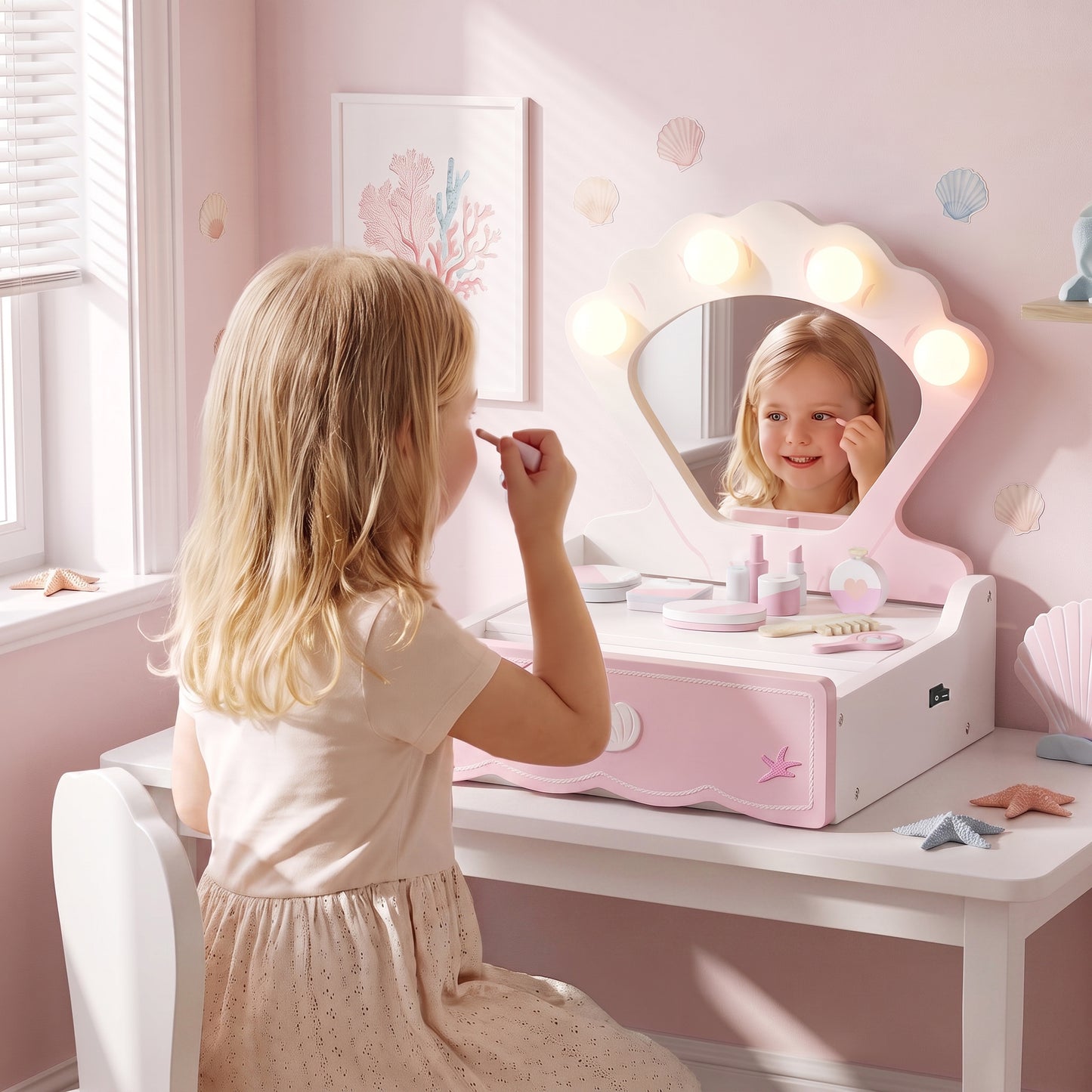 AIYAPLAY Kids Vanity Table, Portable Girls Dressing Table with Lights, Mirror, Drawer, Accessories, Gift for Girls 3-6 Years