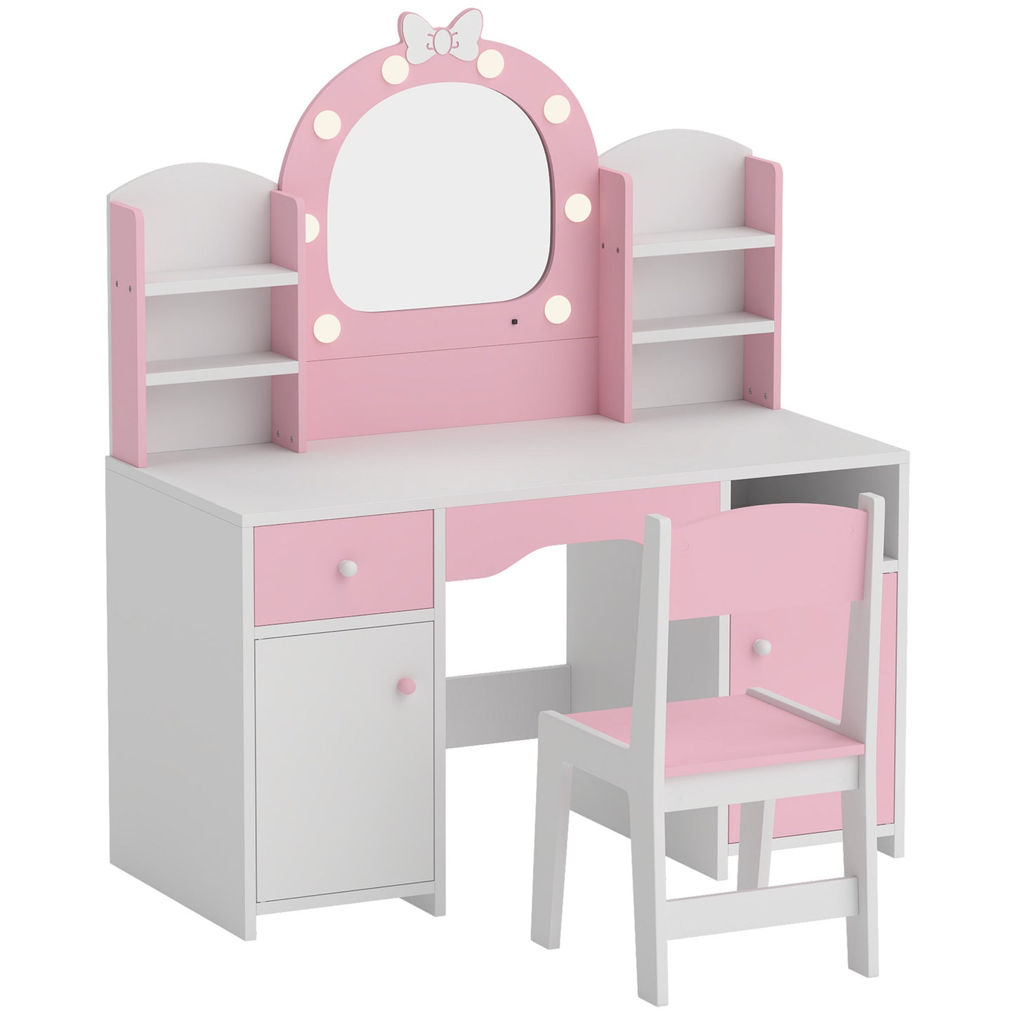 AIYAPLAY Kids Vanity Set, Girls Dressing Table with Stool, 2-Colour Lights Mirror, Cabinet, Drawer and Shelves, Pink