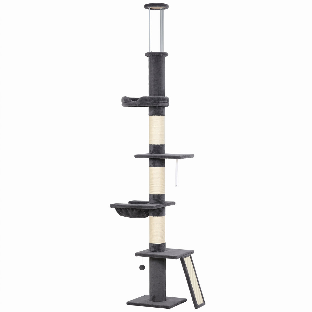 PawHut Floor to Ceiling Cat Tree, 230-260 cm Adjustable 5-Level Cat Tower with 3 Top Tension Rods, Bed, Hammock, Dark Grey Default Title