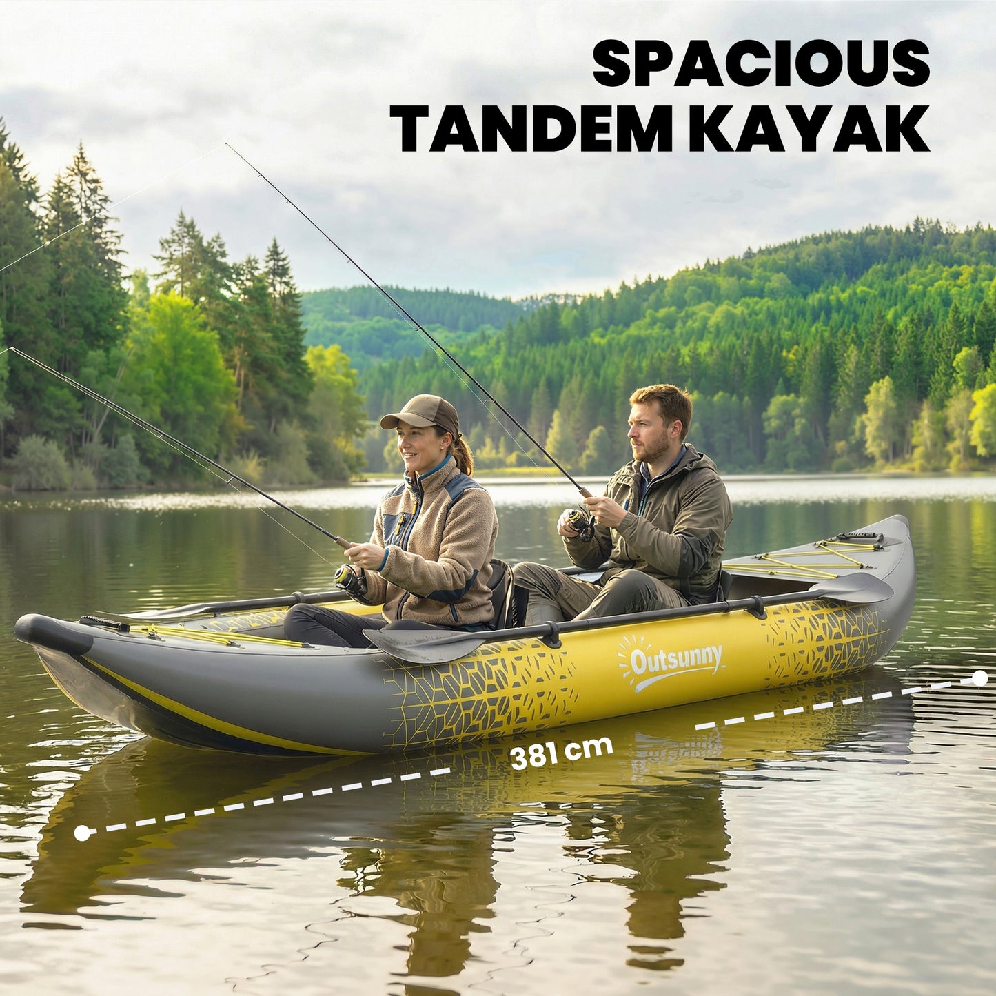 Outsunny 12.5' Inflatable Kayak Set, 2-person Sit on Canoe with Aluminium Oars, Grey and Yellow