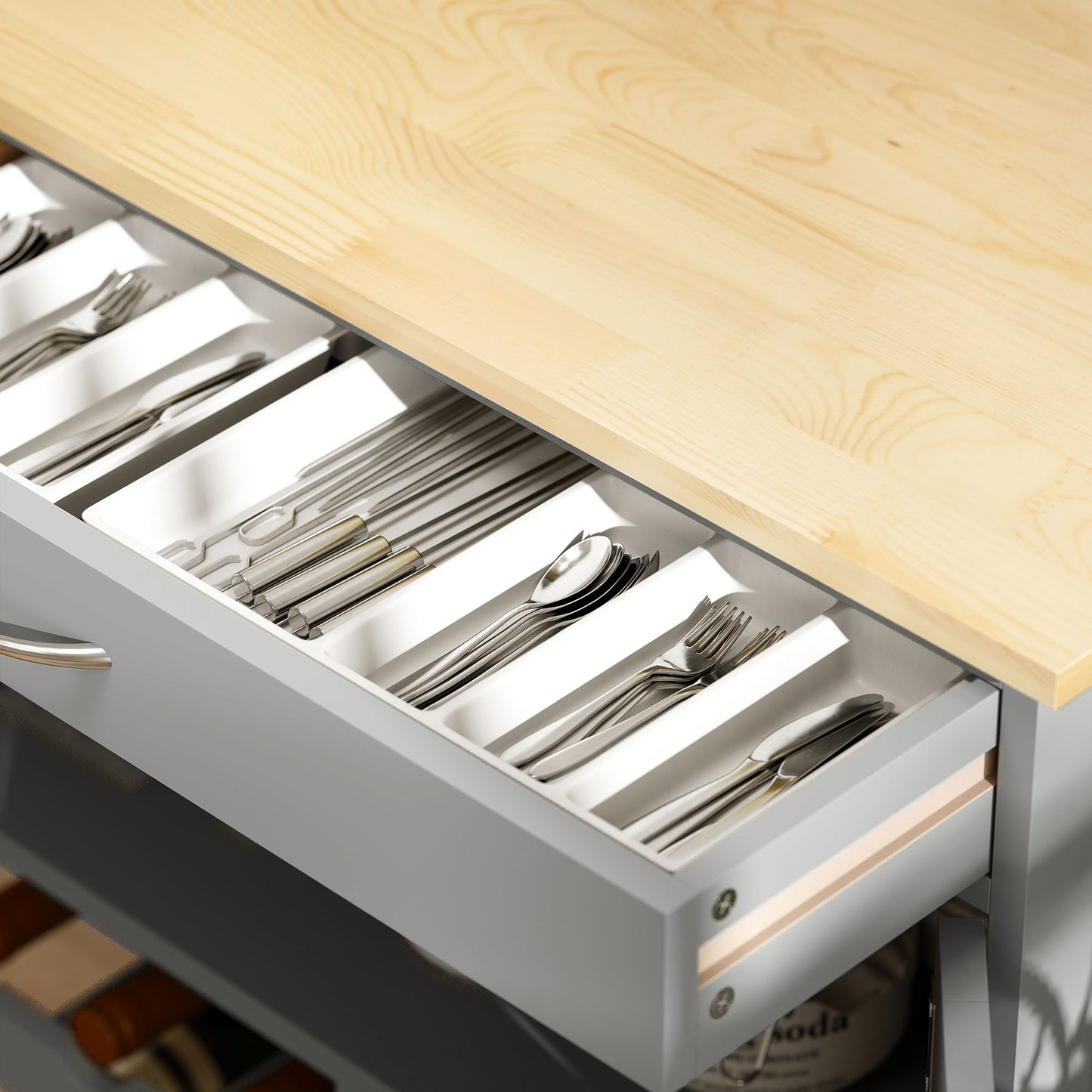 HOMCOM Modern Kitchen Trolley, Rolling Island Storage Cart with Drawer, 9-bottle Wine Rack, Door Cabinets, Wooden Countertop, Grey