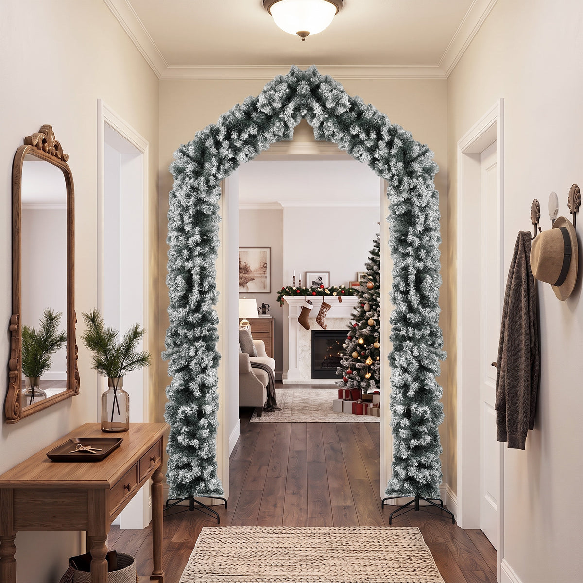 HOMCOM 9ft Flocked Snow Christmas Tree Arch, Christmas Single Arch Doorway Decor with 1400 Branch Tips and Steel Stand, Green