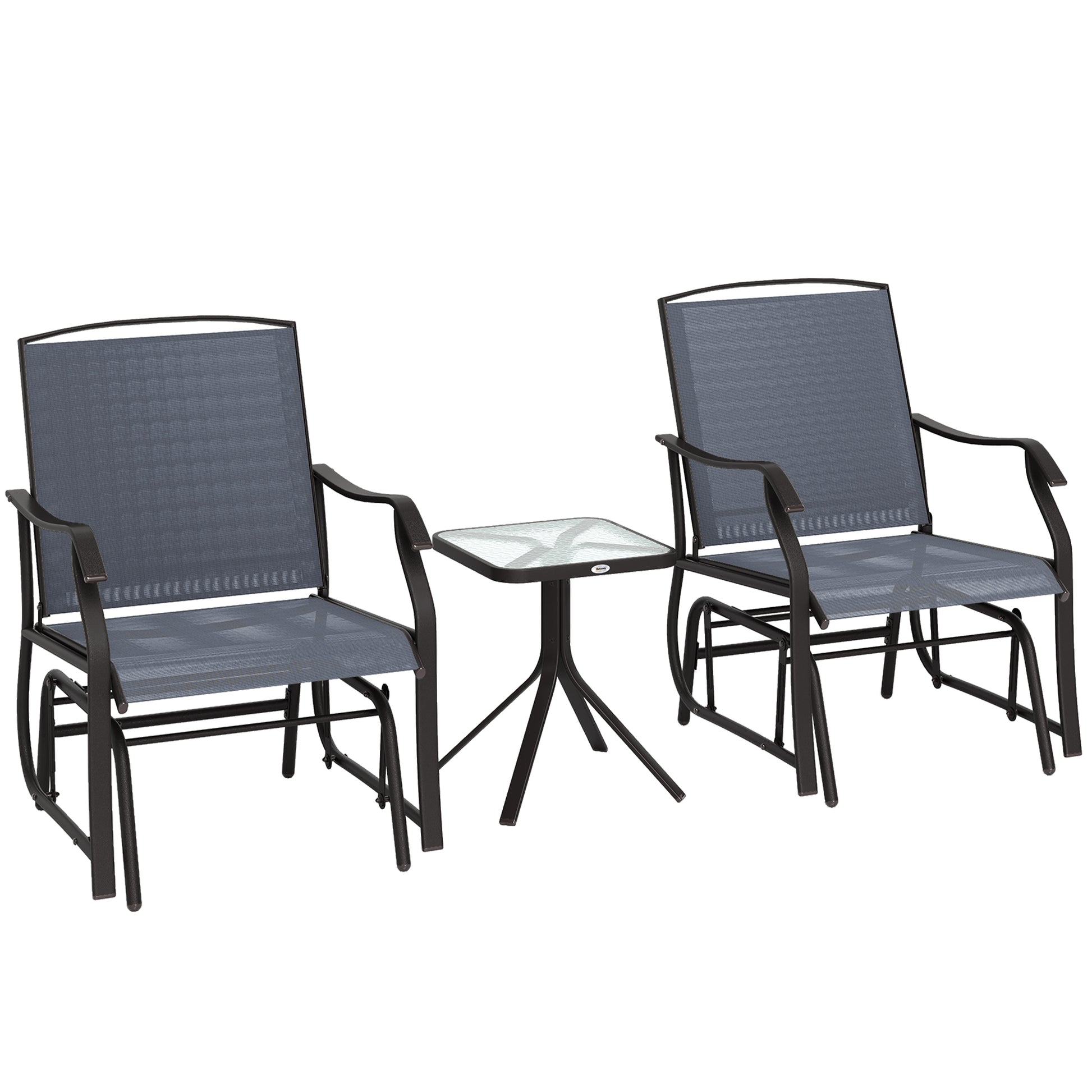 Outsunny Glider Rocking Chair & Table Set 2 Single Seaters Rocker Garden Swing Chair Patio Furniture Bistro Set Grey