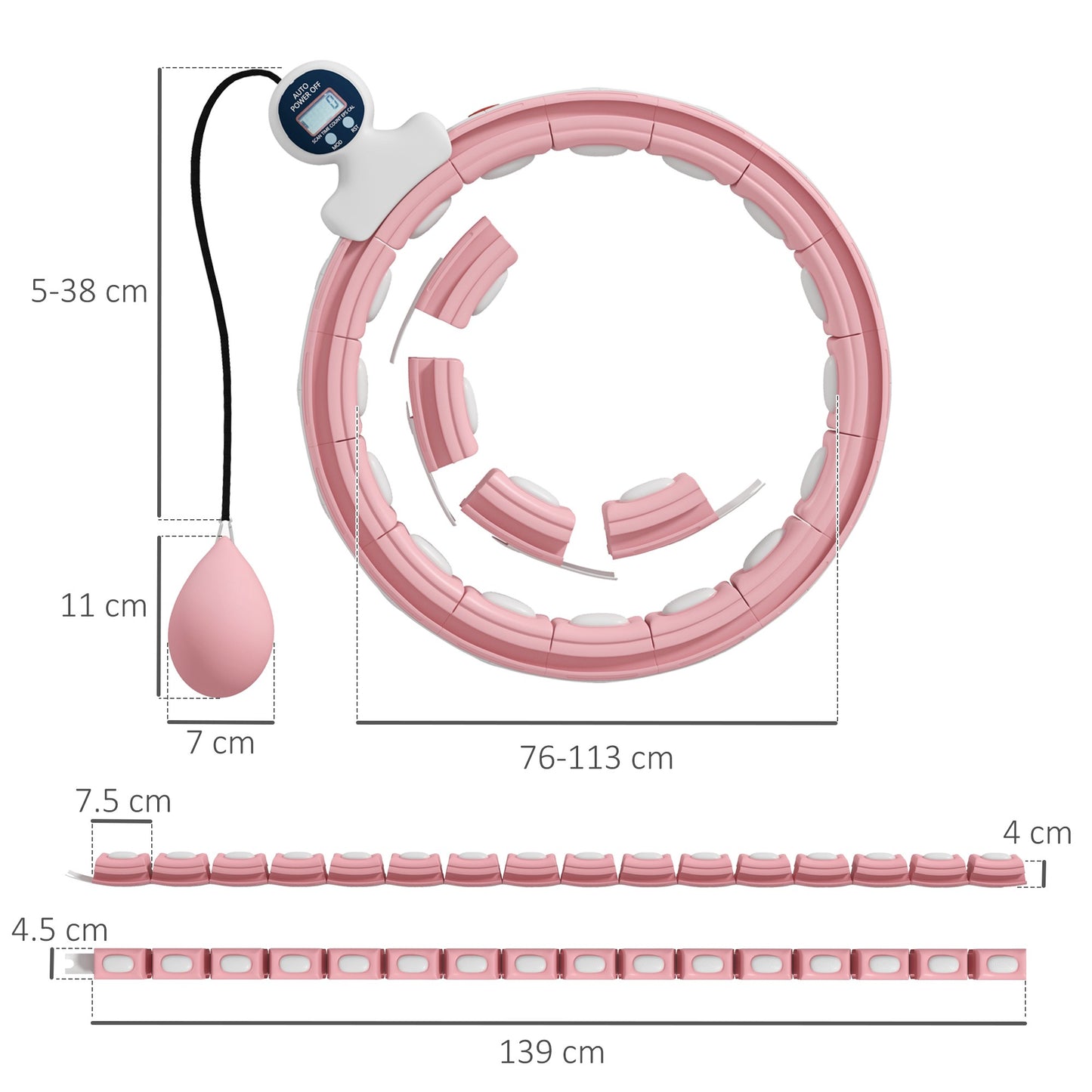 SPORTNOW Smart Weighted Hula Hoop, Massage Hula Ring w/ 16 Detachable Knots, 360Â° Auto-Rotating Ball, Digital Counter, Pink