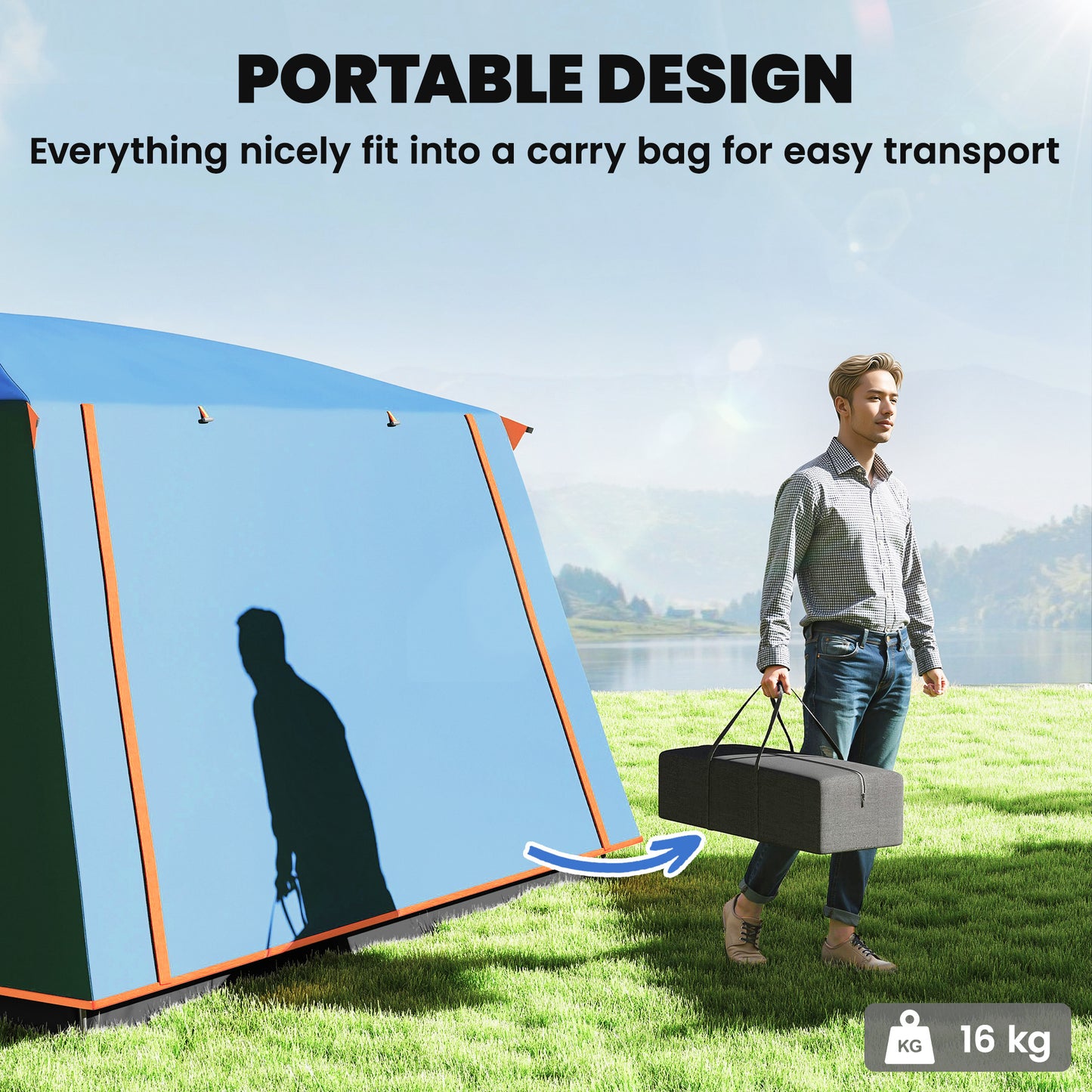 Outsunny 4 Man Camping Tent, Double Layer Tunnel Tent with Porch, Living Area and 2 Bedrooms, Sewn in Groundsheet, 3000mm Waterproof and UPF 30+, Portable with Bag, 430 x 305 x 195 cm Large, Blue