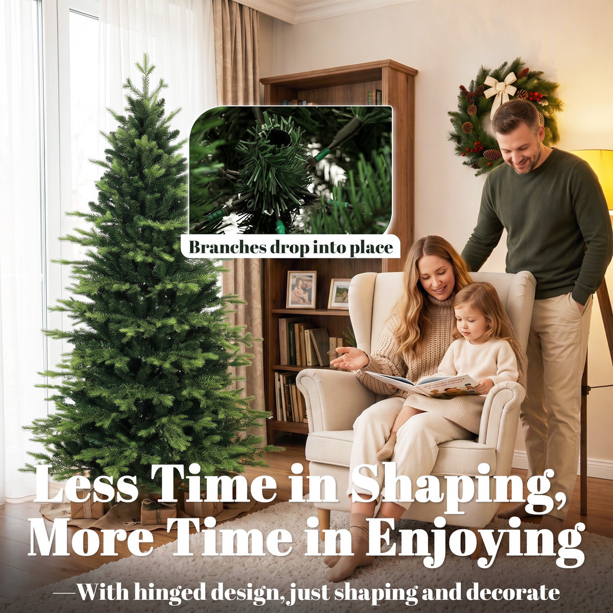 HOMCOM Geneva Fir Hinged Xmas Tree, 6ft/180cm Artificial Christmas Tree with 1610 Branch Tips, Foldable Steel Stand, Green