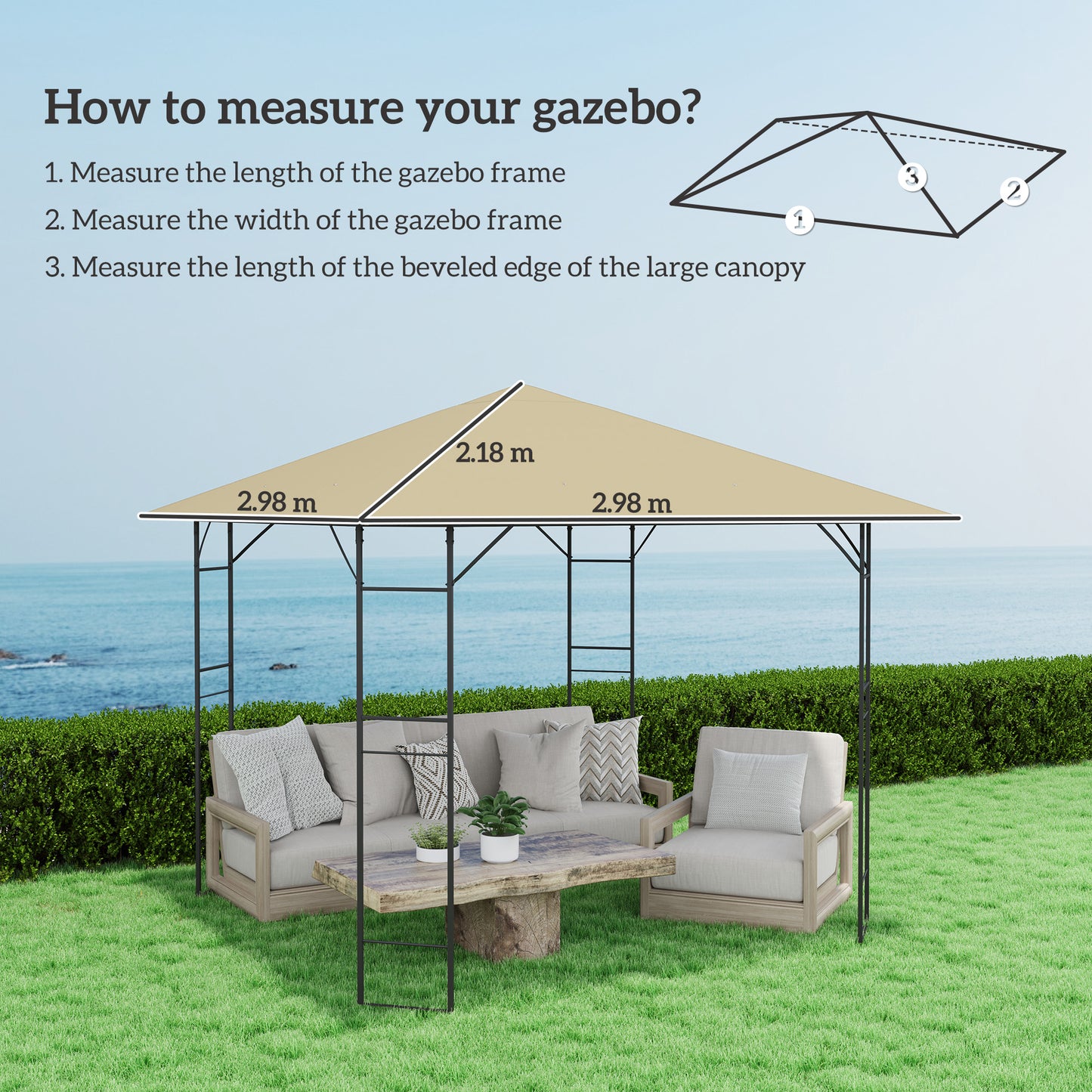 Outsunny 3 x 3(m) Gazebo Canopy Replacement Cover, Garden Gazebo Roof Replacement with Drain Holes, Water Resistant PVC Coating, 370g/ãŽ¡, UPF30+, TOP COVER ONLY, Beige