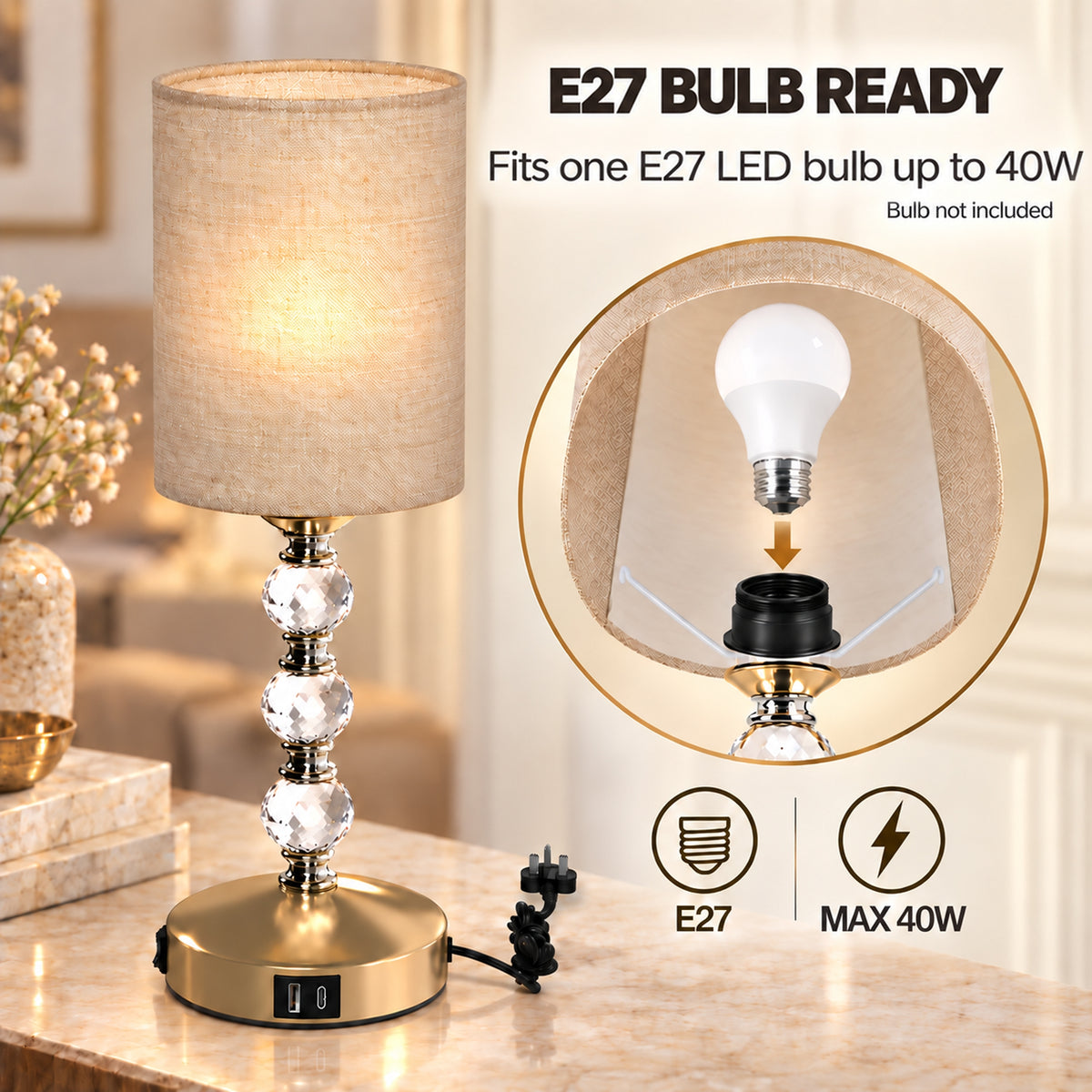 HOMCOM Bedside Lamp, Modern Crystal Decoration Table Lamp with PVC shade, USB A+C Charging Ports, Bulb Not Included, Gold Tone