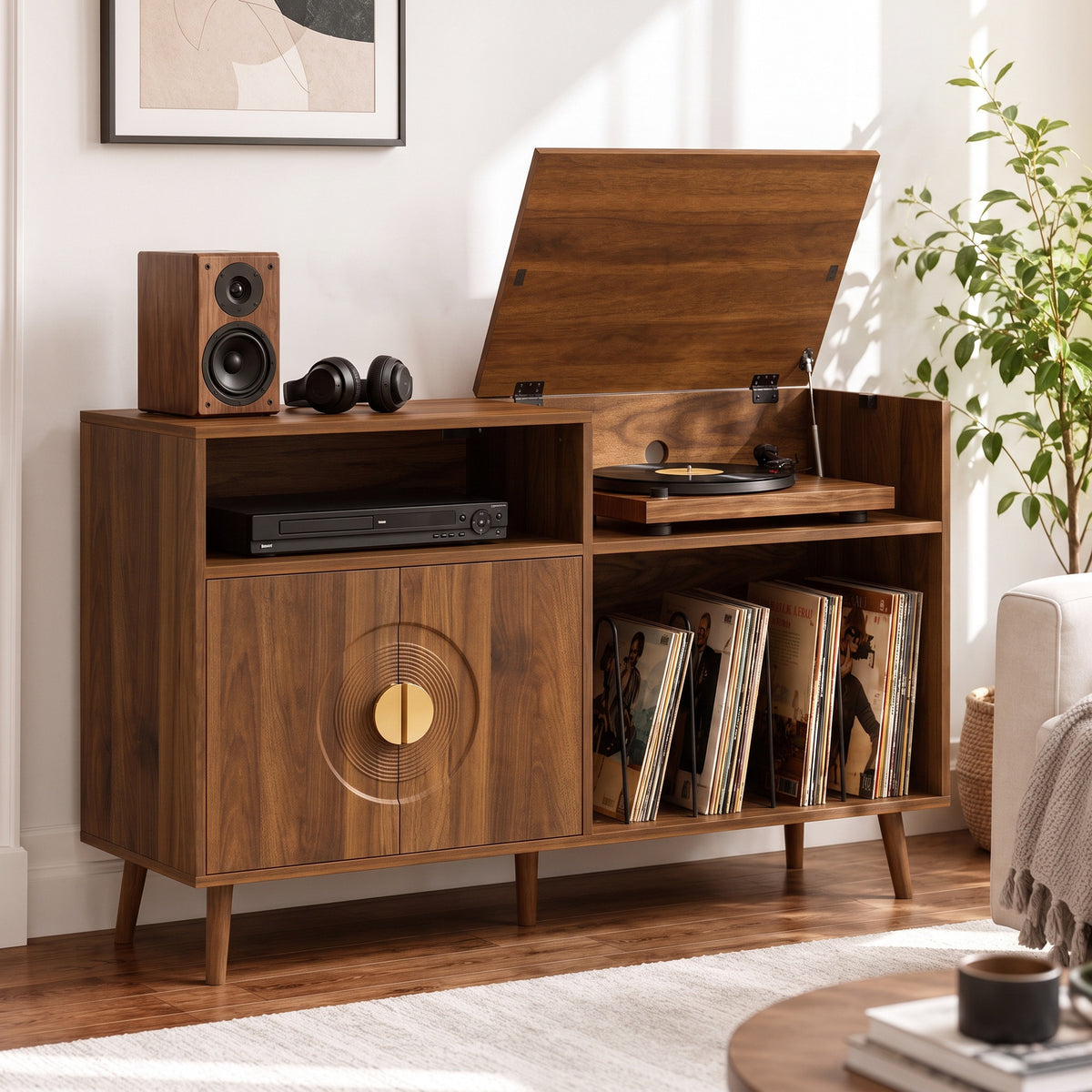 HOMCOM Record Player Stand, Vinyl Record Holder with Storage Holds Up to 300 Albums with Flip-Top Compartment, Walnut