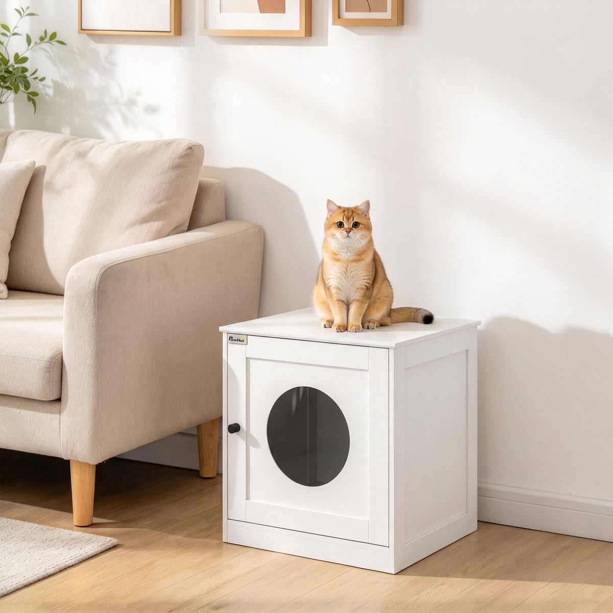 PawHut Cat Litter Box Enclosure, Hidden Litter Box Furniture with Side Hook, Wooden Cat Washroom Storage Cabinet, White