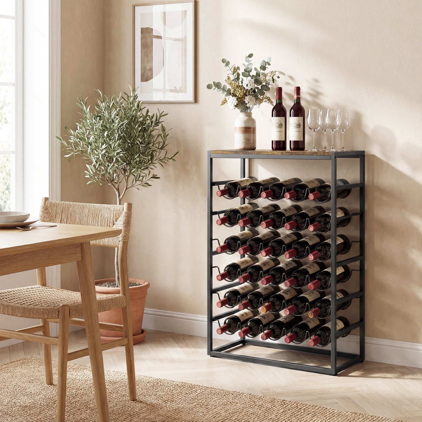 HOMCOM 30 Bottles Wine Rack, 6 Tier Free Standing Wine Storage Holder with Wood Effect Tabletop, Rustic Brown