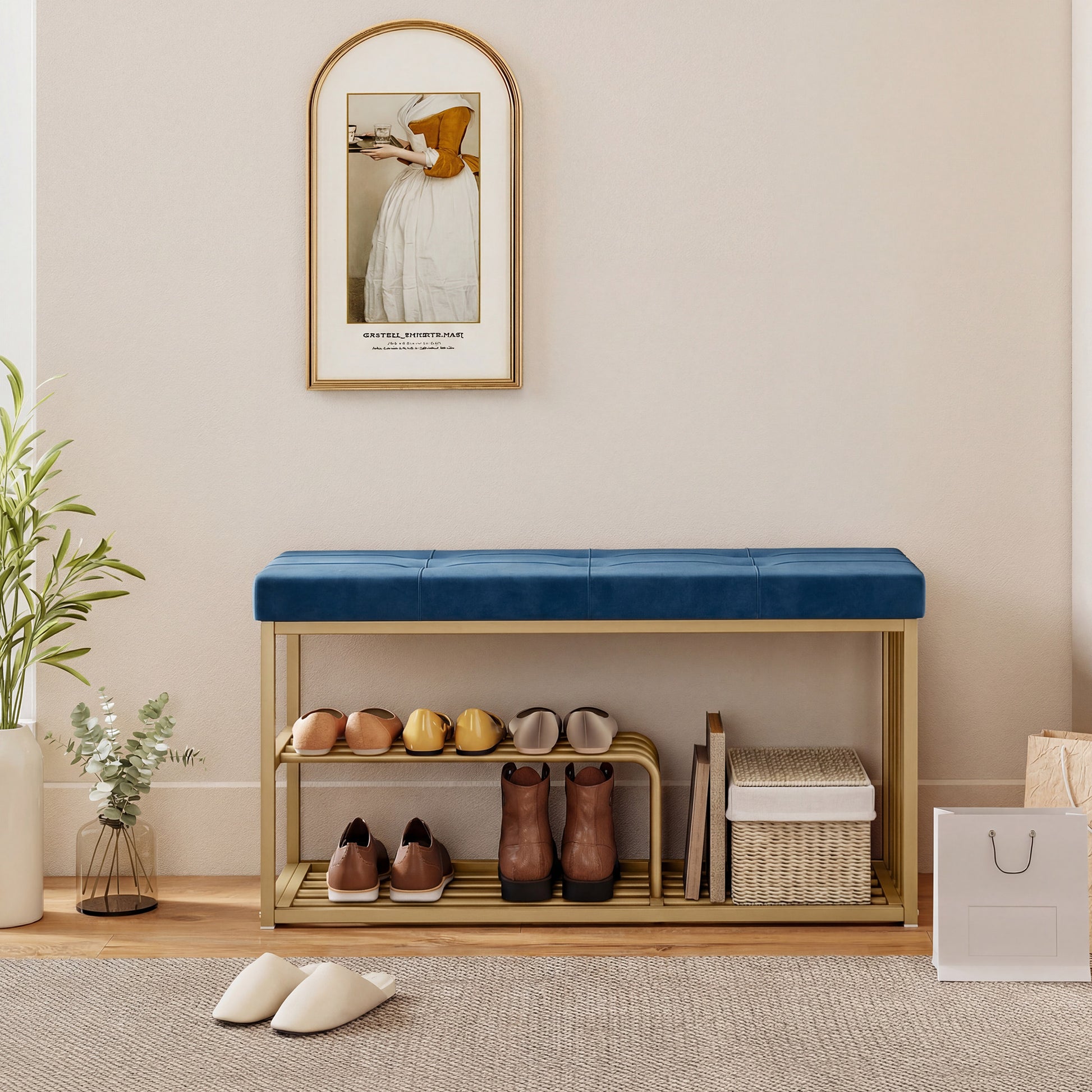 HOMCOM Bench and Shoe Storage, Tufted Shoe Storage Bench with Velvet Seat Cushion Gold Steel Frame for Entryway, Dark Blue