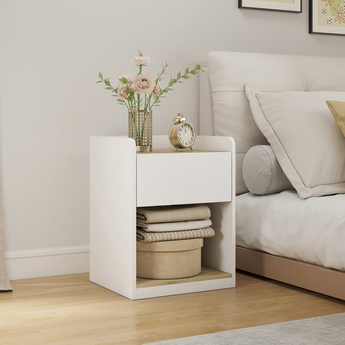 HOMCOM Modern Bedside Table, Slim Nightstand with Drawer, Shelf and Cable Holes, White and Oak
