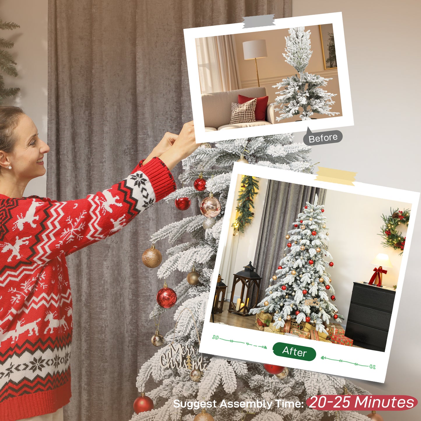 HOMCOM 6ft Super Flocked Christmas Tree - Green/White