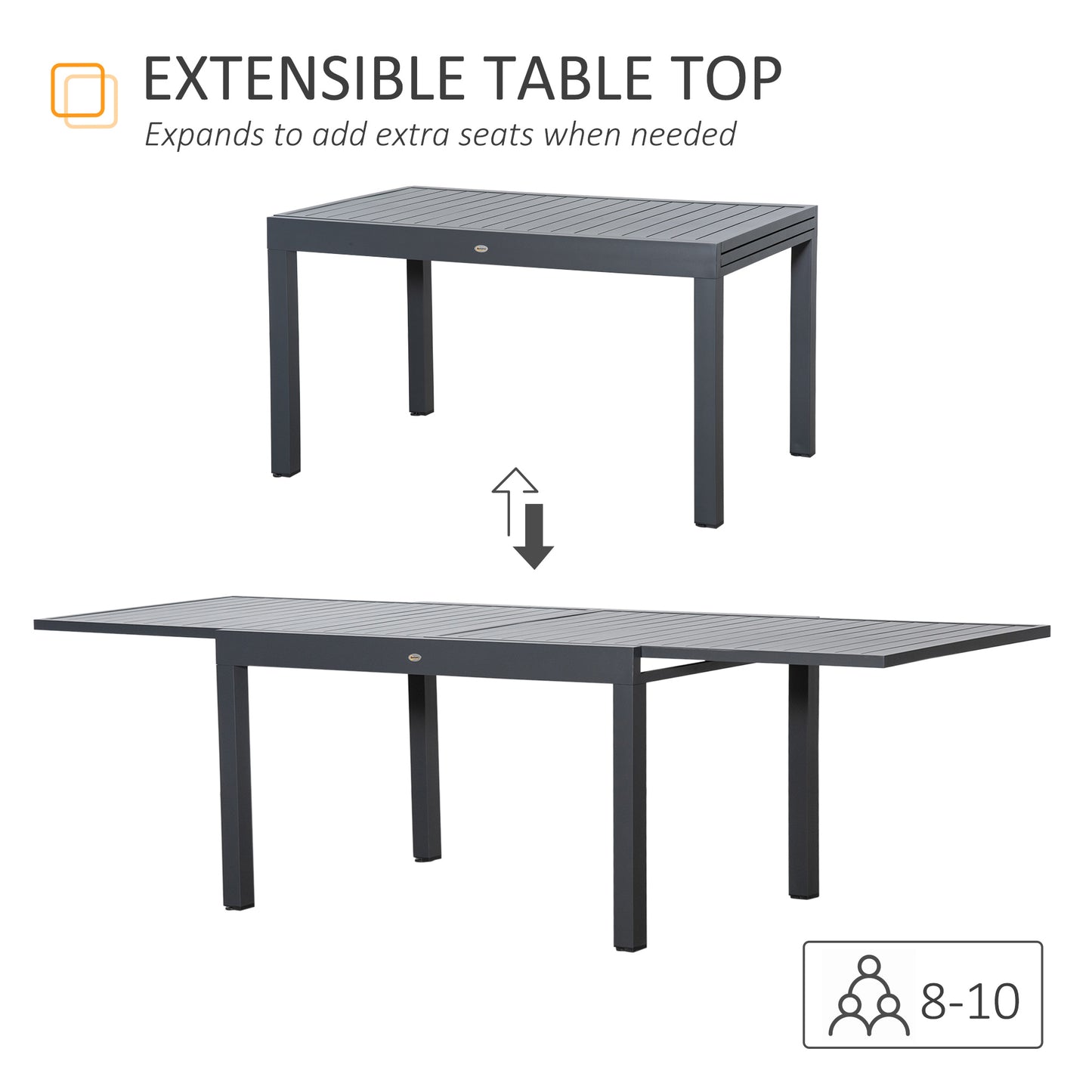Outsunny Extendable Garden Table 135-270cm x 90cm x 75cm, 10 Seater Outdoor Dining Table with Aluminium Frame for Lawn, Balcony and Backyard, Grey