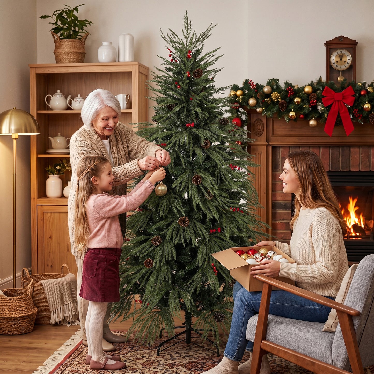 HOMCOM 6ft Artificial Christmas Tree with Pinecones, Red Berries, Hinged Predecorated Xmas Tree with 2843 Branch Tips