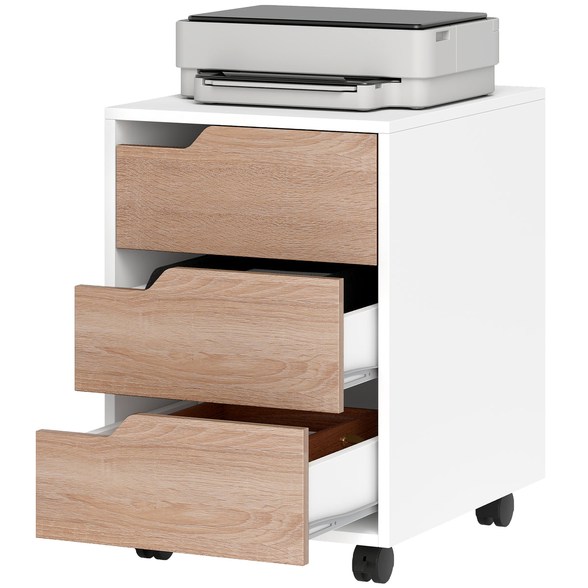 HOMCOM 3 Drawer Mobile File Cabinet, Vertical Filing Cabinet with Wheels for Home Office, Oak