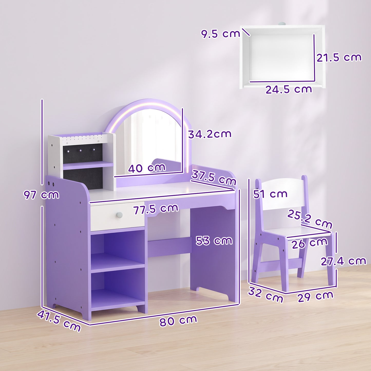AIYAPLAY Kids Vanity Set, Girls Dressing Table with Stool, 2-Colour Lights Mirror, Pretend Dresser Gift for Ages 3-8, Purple