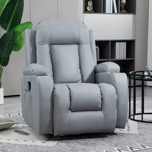 HOMCOM Massage Recliner Chair with 8 Vibration & Heat, PU Leather Recliner Armchair with Cup Holders and Side Pockets, Manual Reclining Chair with Remote, 360Â° Swivel, Rocking, Light Grey