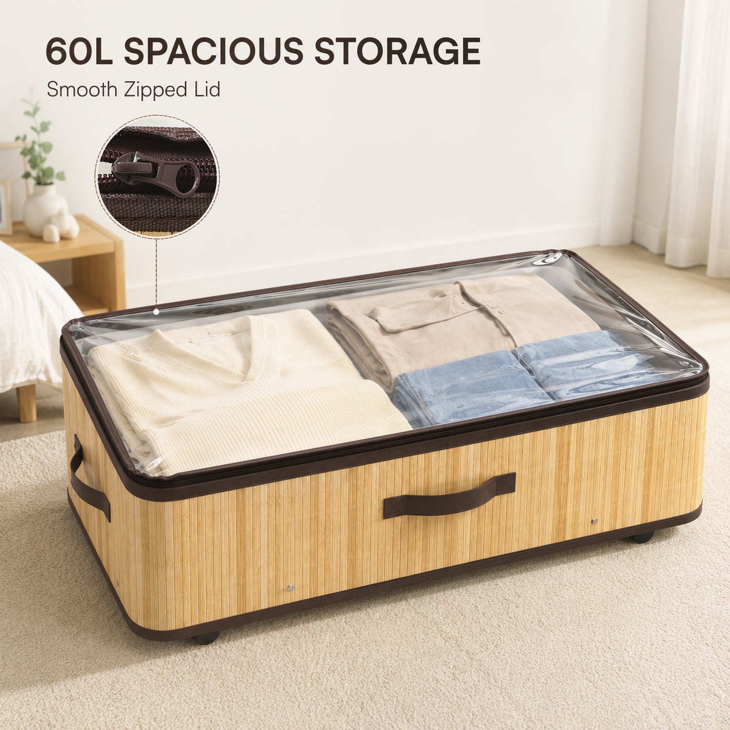 HOMCOM 60L Under Bed Storage with Wheels Pack of 2, Underbed Storage Box with Clear Lid Cover and Reinforced Handle, Natural