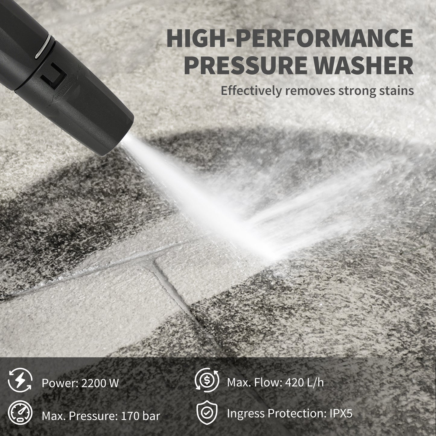 Outsunny 2200W HighÂ PressureÂ Washer, 170 Bar Pressure Washer with Adjustable Nozzle and 6M Hose, 33 x 31.5 x 80.5 cm, Yellow