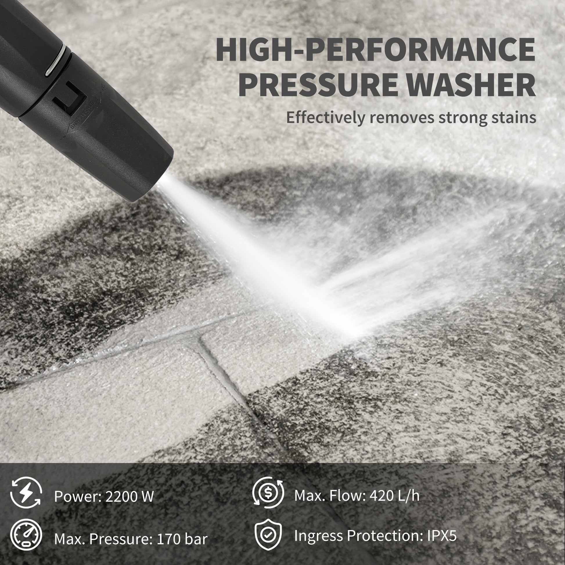 Outsunny 2200W HighÂ PressureÂ Washer, 170 Bar Pressure Washer with Adjustable Nozzle and 6M Hose, 33 x 31.5 x 80.5 cm, Yellow
