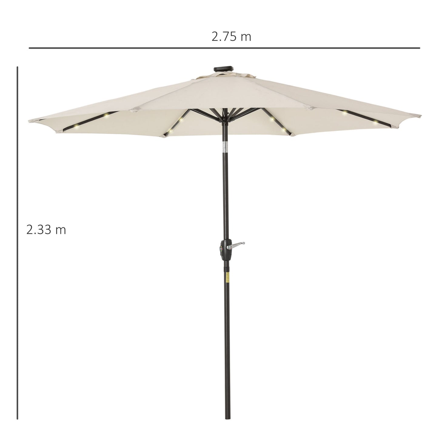 Outsunny Î¦2.7m Garden 24 LED Light Parasol Solar Outdoor Tilt Sun Umbrella Patio Club Party Event Manual Sun Shade w/ Hand Crank and 8 Ribs, Off-white