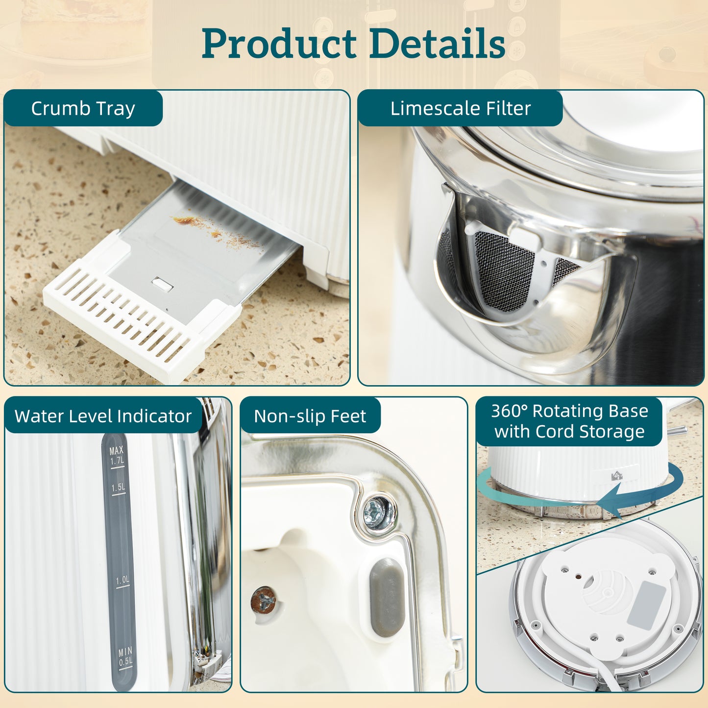 HOMCOM Electric Stainless Steel Kettle and Toaster Set, 3000W 1.7L UK Strix Thermostat Fast Boil Kettle w/ Limescale Filter, Cool Touch Body, 4 Slice Toaster with 7 Browning Levels, Crumb Tray, White